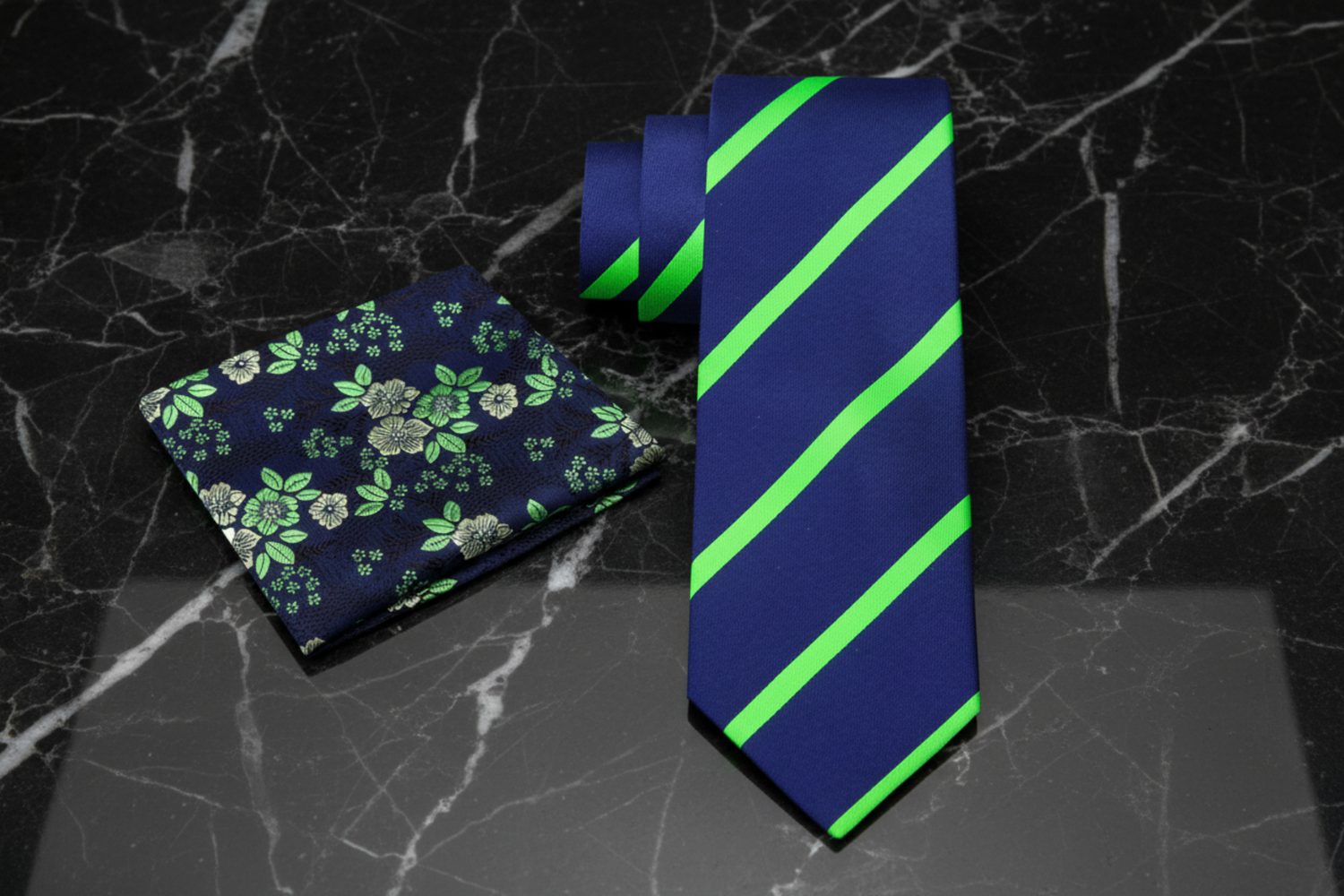 Blue, Green Stripe Necktie and Blue Green Floral Square