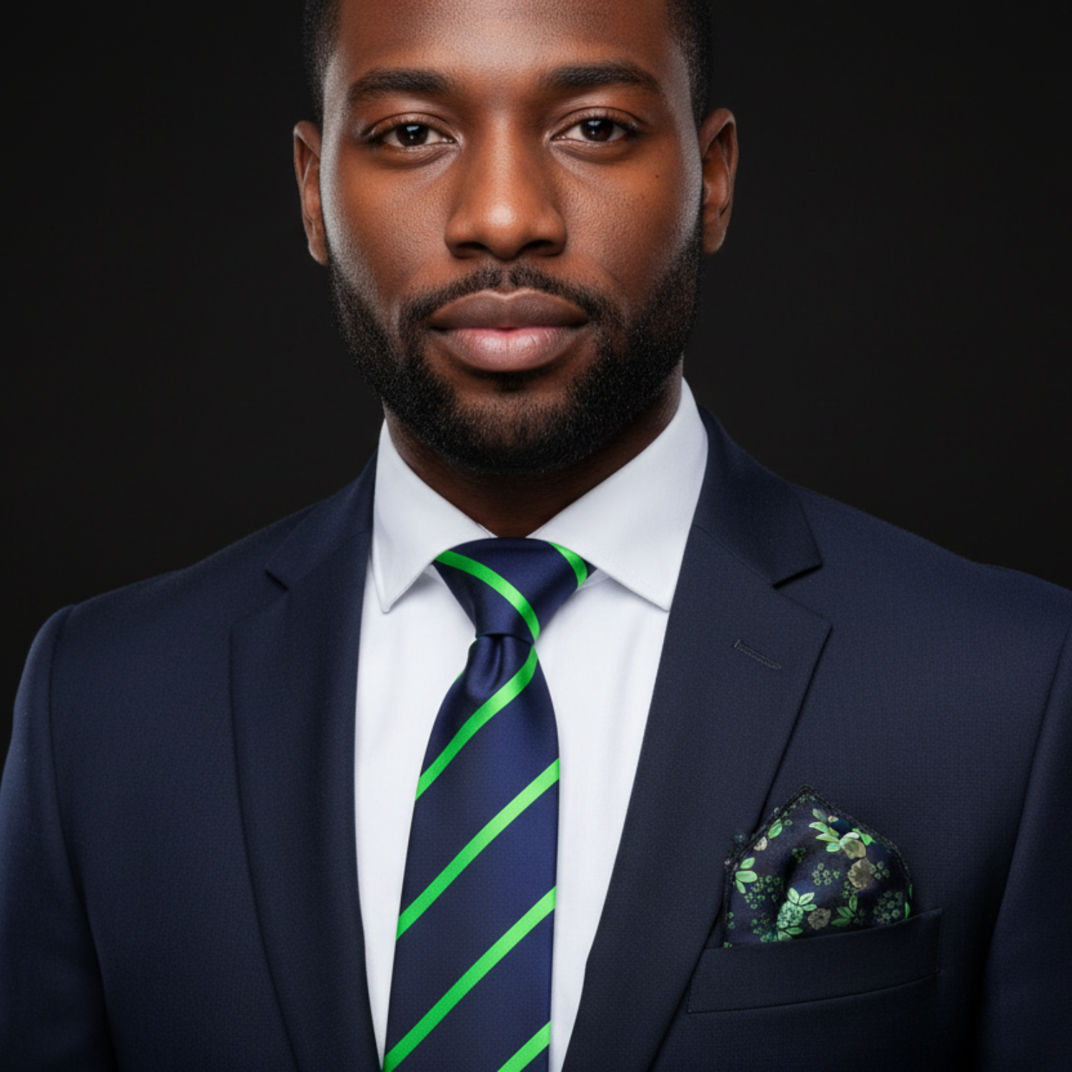 Man wearing a black suit with a blue and green striped tie and patterned pocket square.