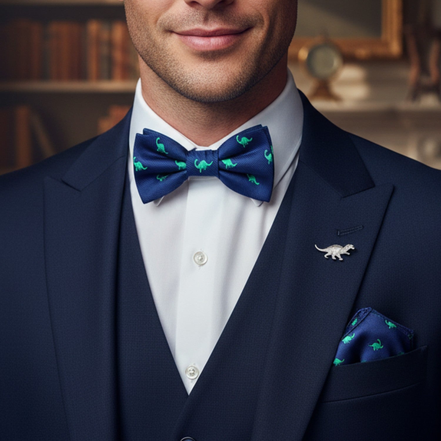 Man wearing a navy suit with a dinosaur-themed bow tie and pocket square.