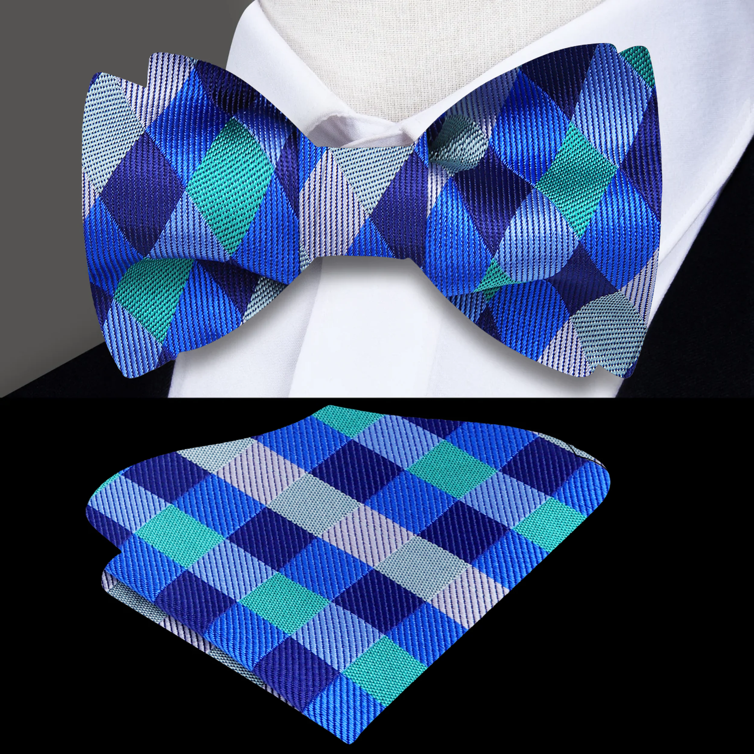 A Green, Dark Green, Grey Geometric Check Pattern Self Tie Bow Tie, Matching Pocket Square,