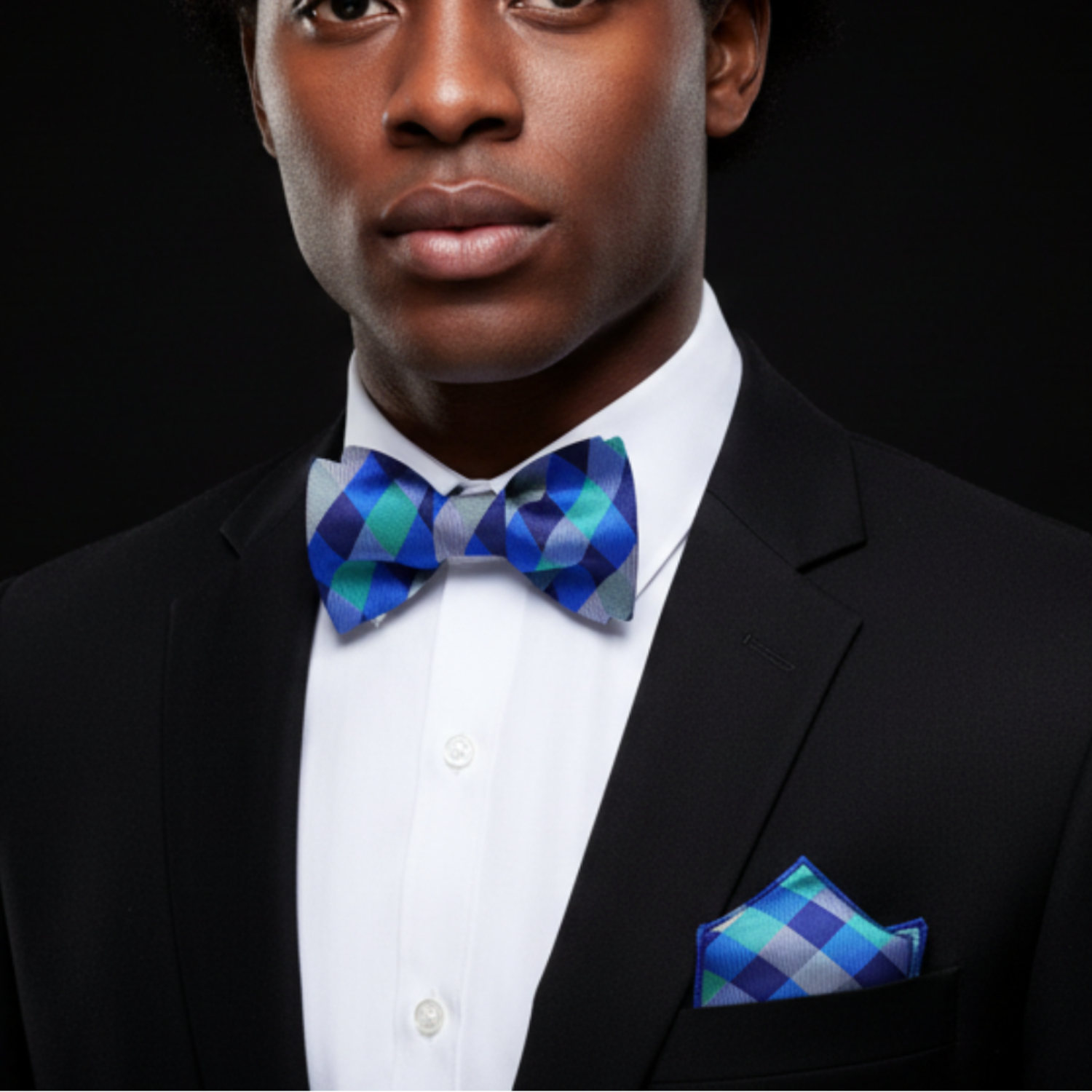 Man wearing Green and Blue Check Bow Tie and Square