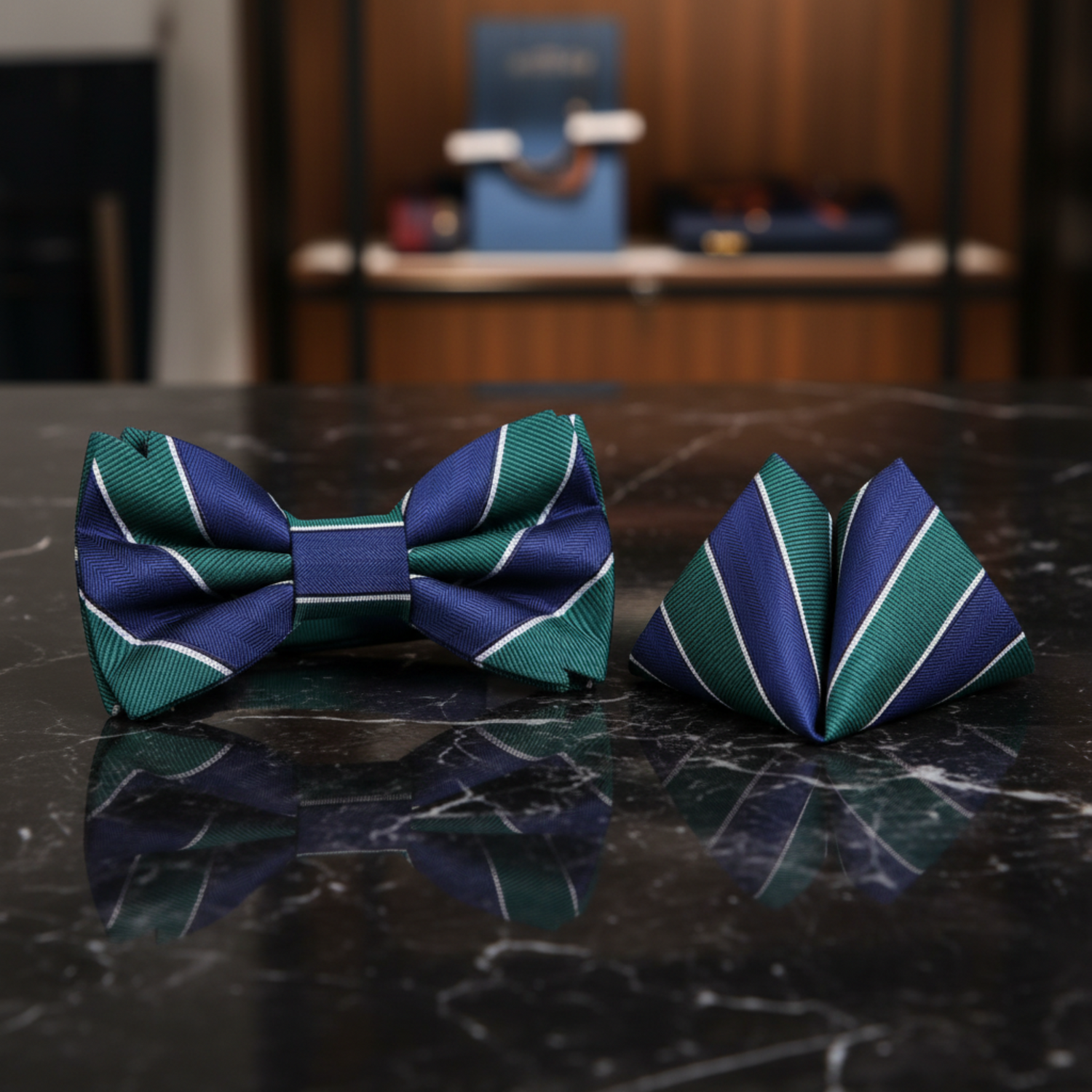 Blue, Green Stripe Bow Tie and Pocket Square