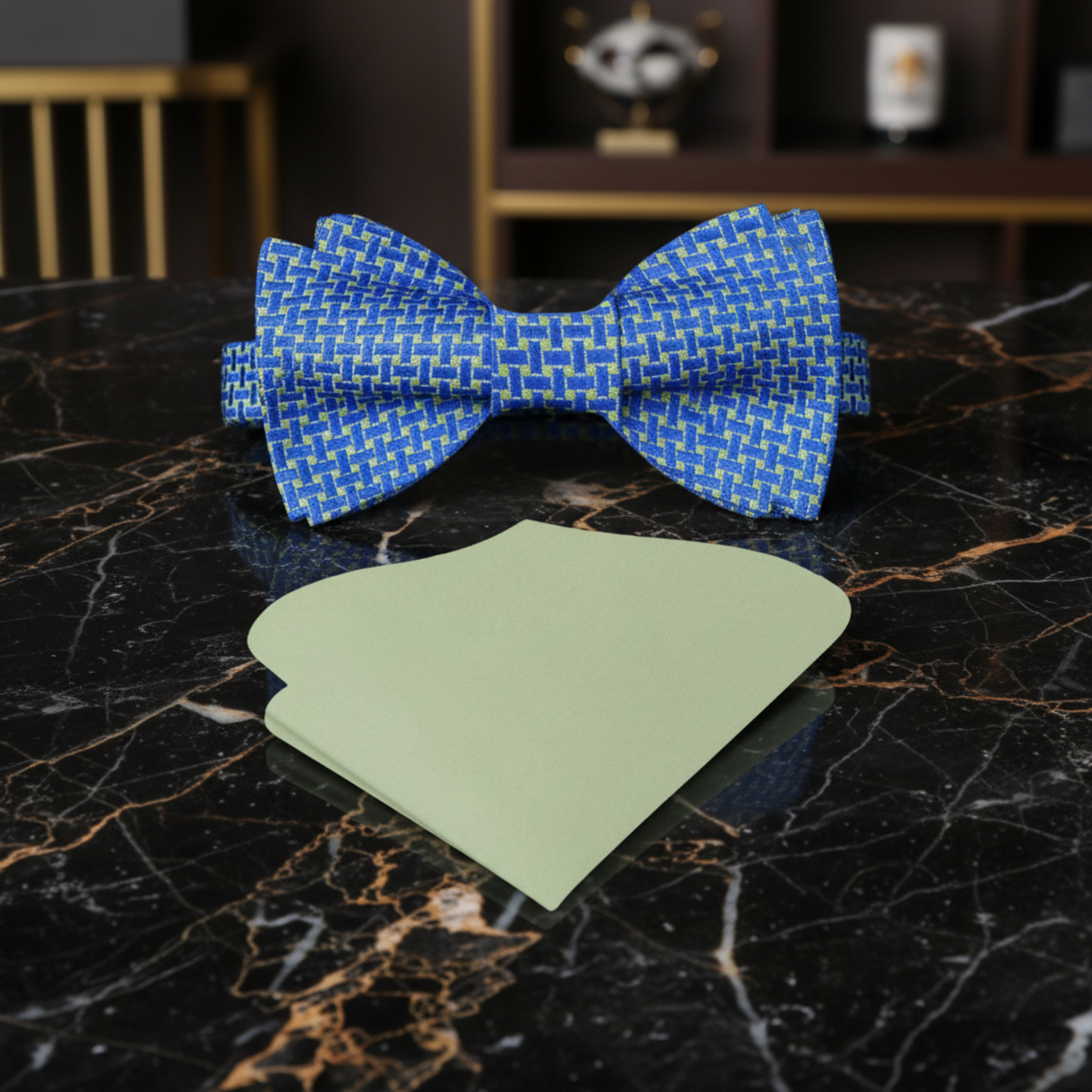 Main View: Blue and Green Geometric Bow Tie and Green Pocket Square