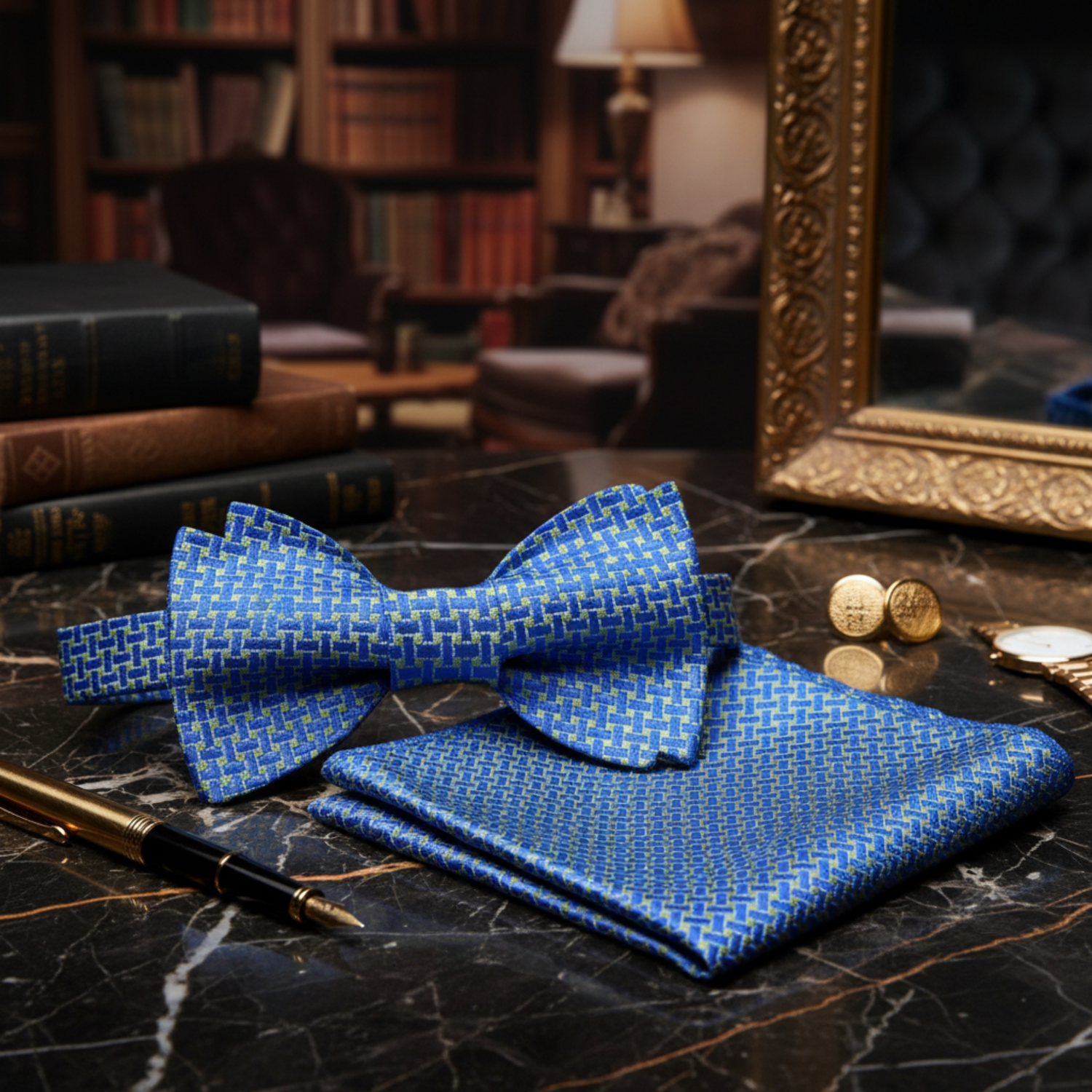 Main View: Blue and Green Geometric Bow Tie and Pocket Square
