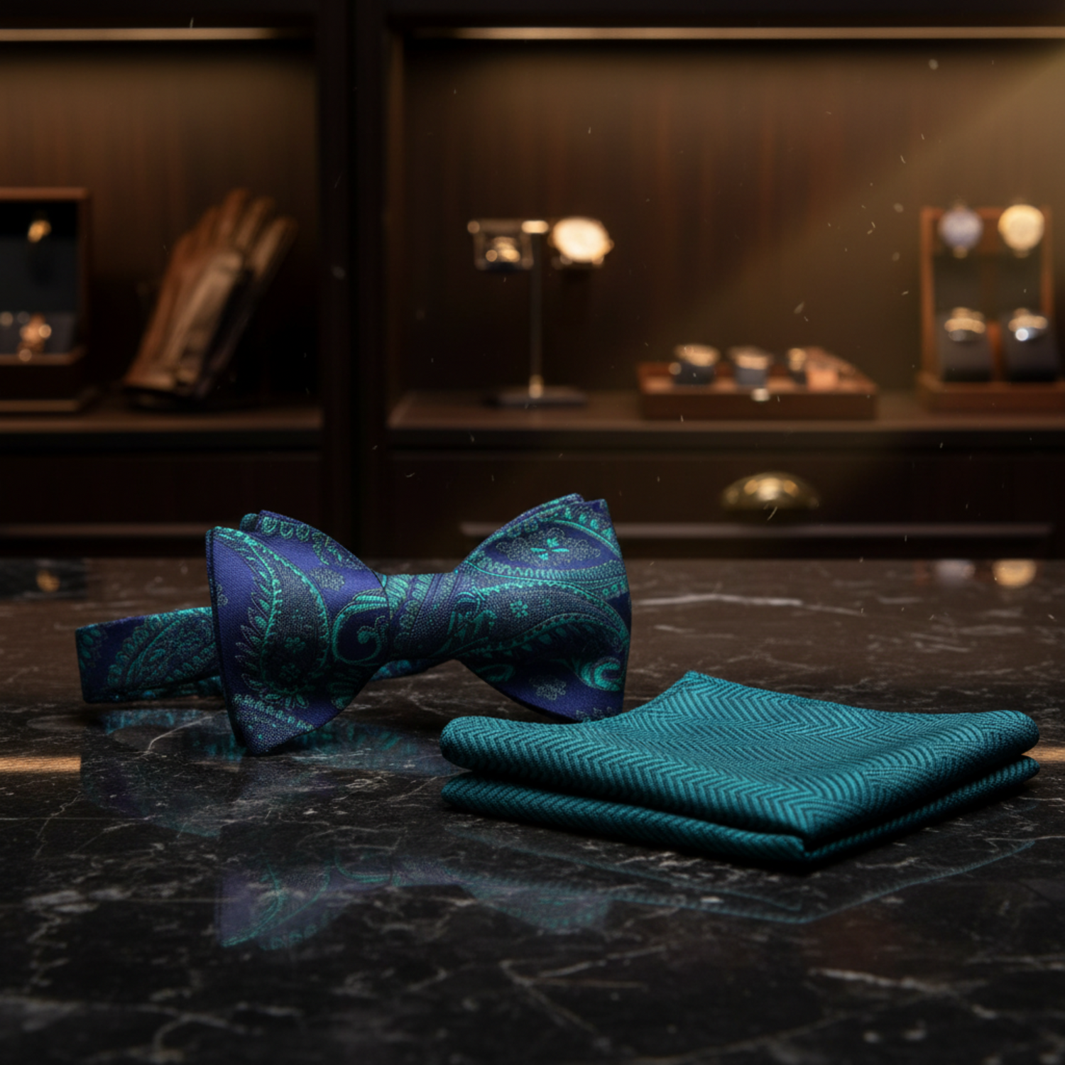 Blue Green Enchanted Paisley Bow Tie and Accenting Square