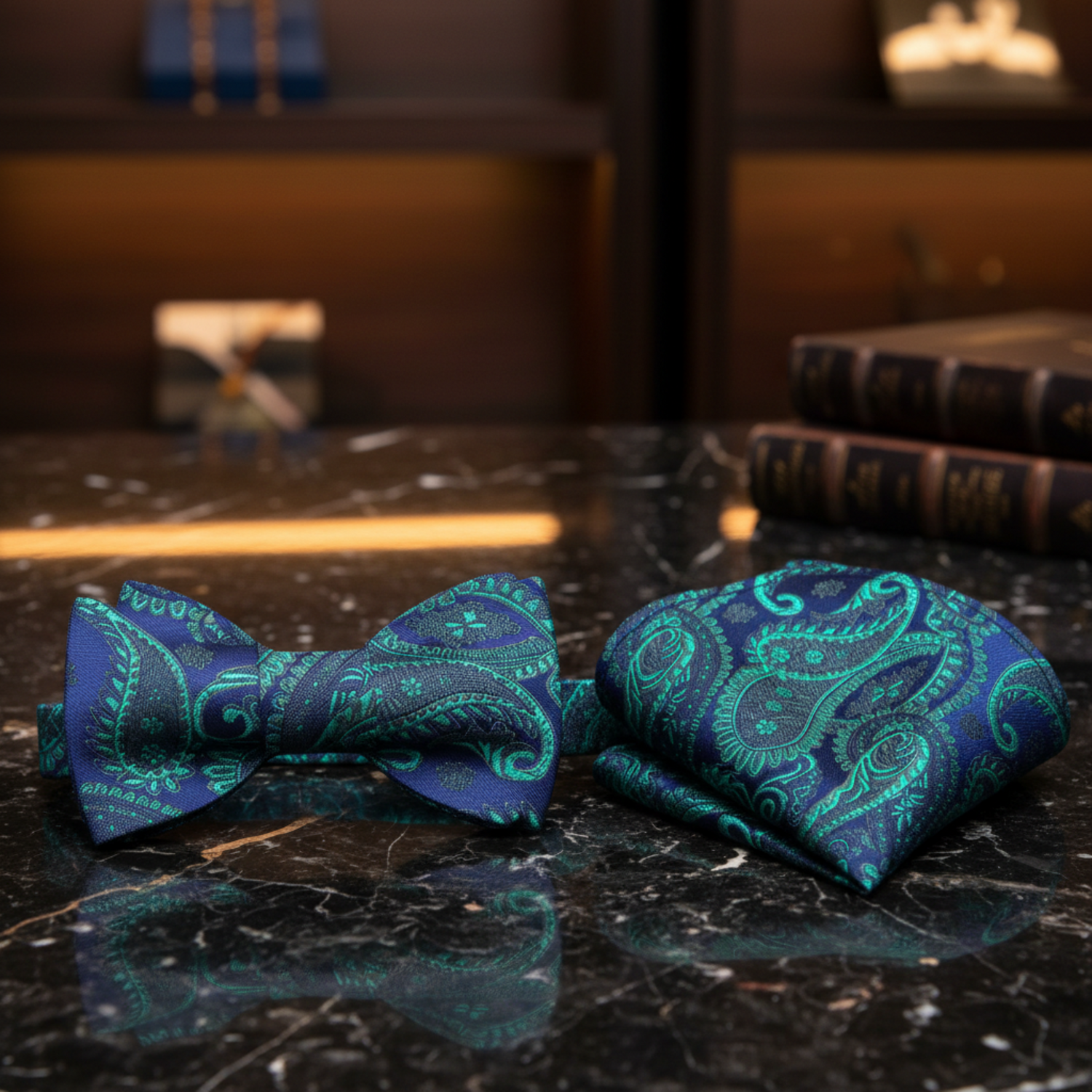 Blue Green Enchanted Paisley Bow Tie and Square