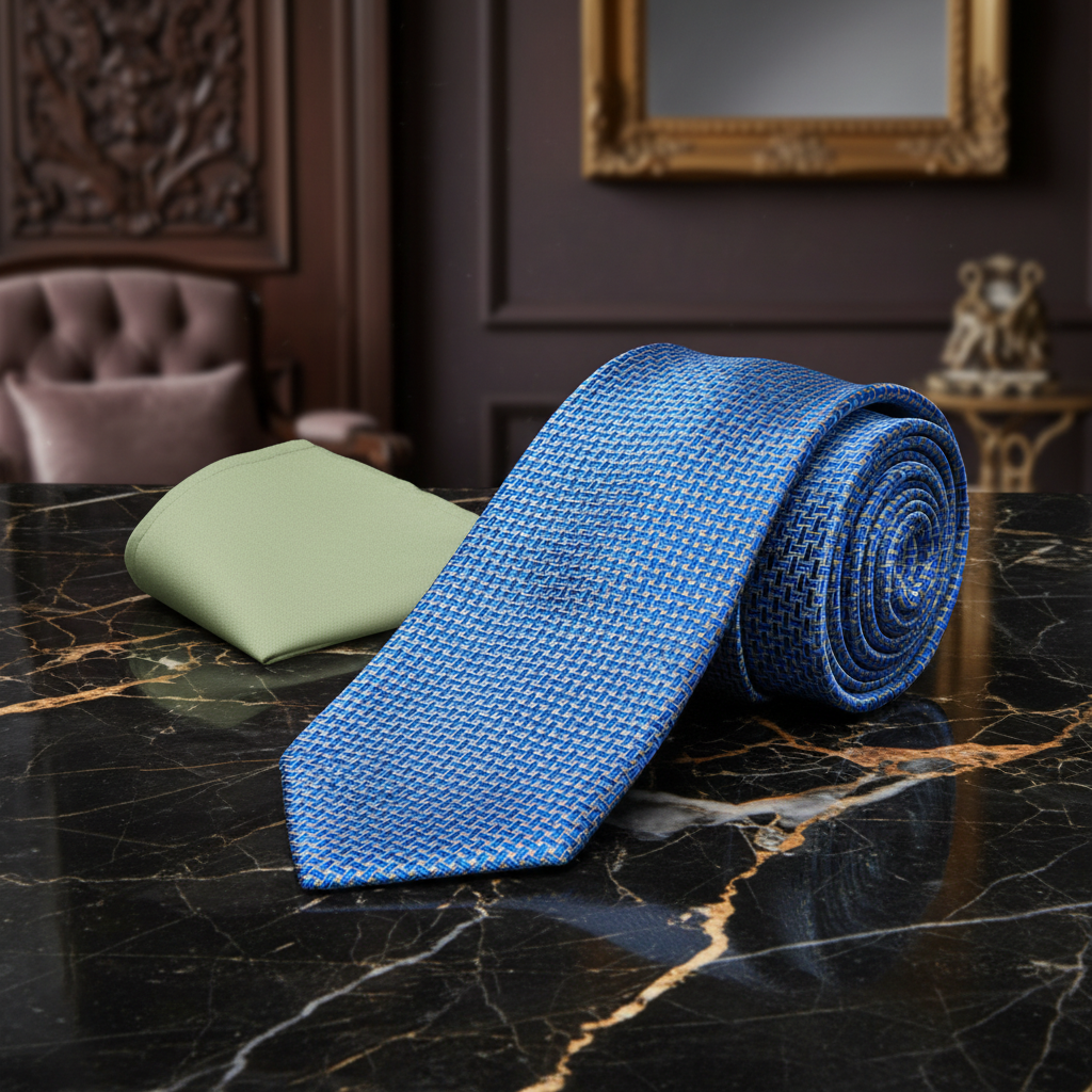 Blue tie and green pocket square on a marble surface with a decorative background