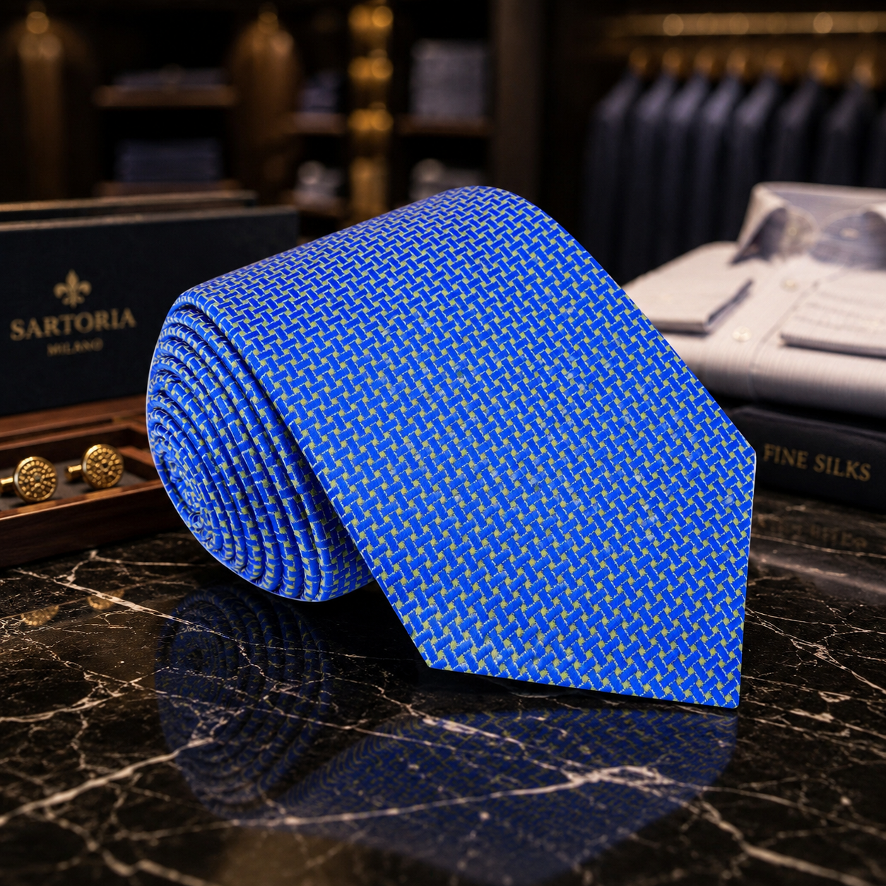 Blue patterned tie on a dark marble surface with a blurred background of clothing and branding.