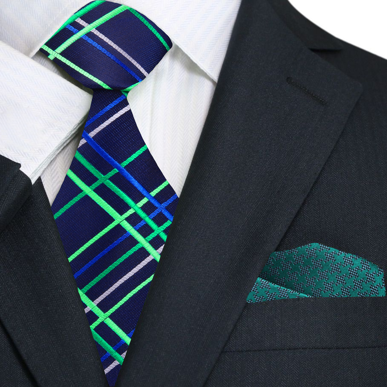 Blue, Green Plaid Necktie and Green Square