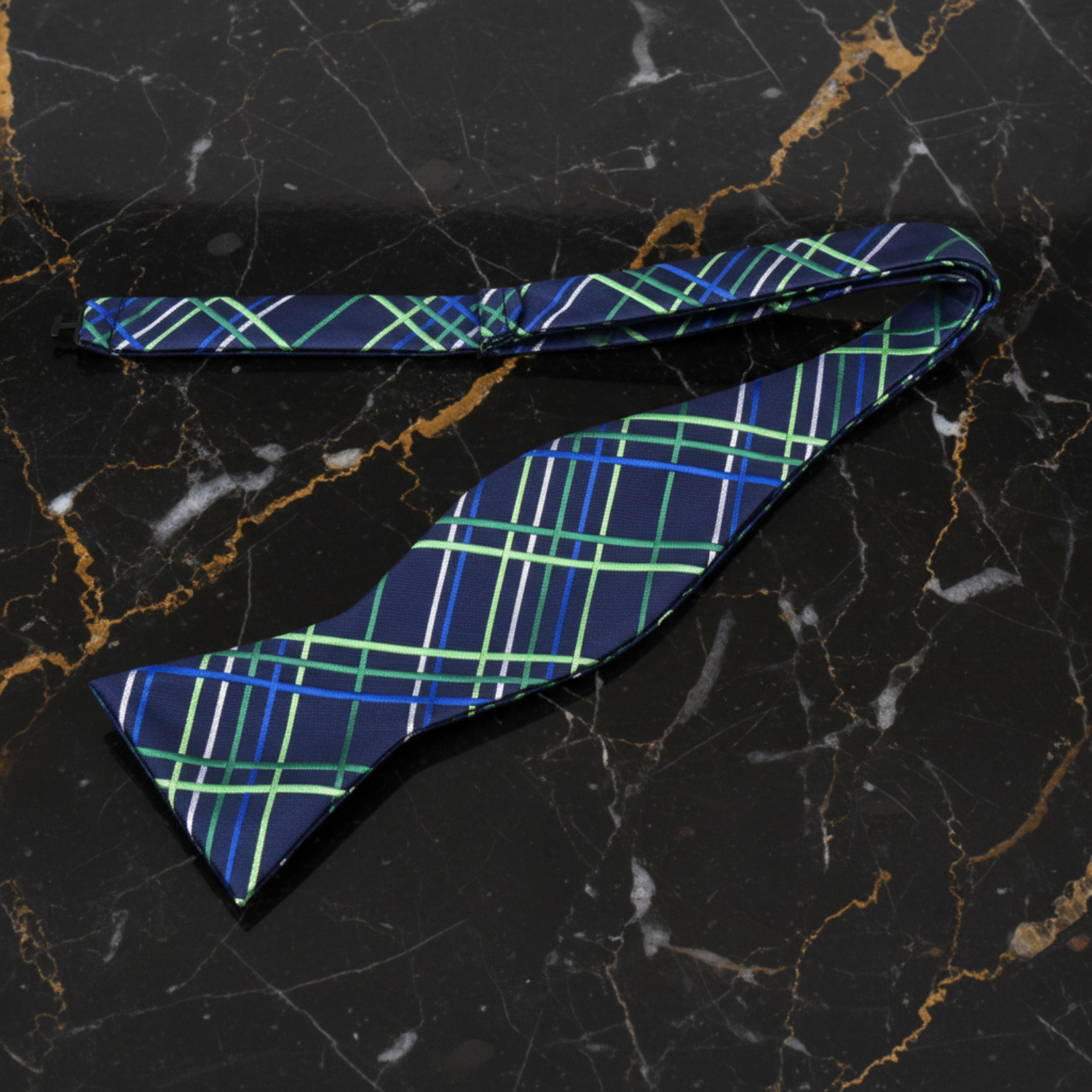 A Dark Blue, Green Plaid Pattern Self Tie Bow Tie