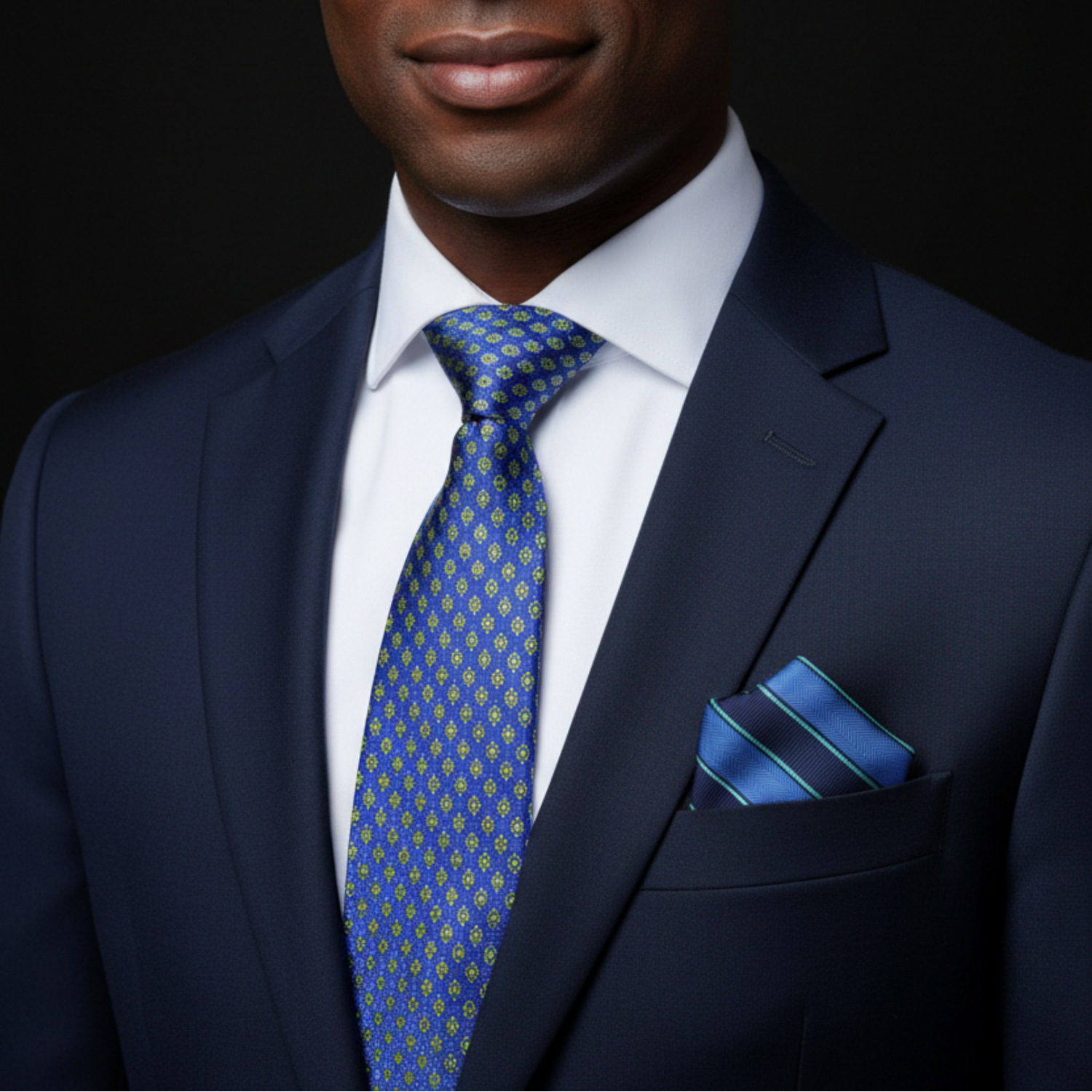 Man wearing a navy suit with a blue patterned tie and matching pocket square on a black background