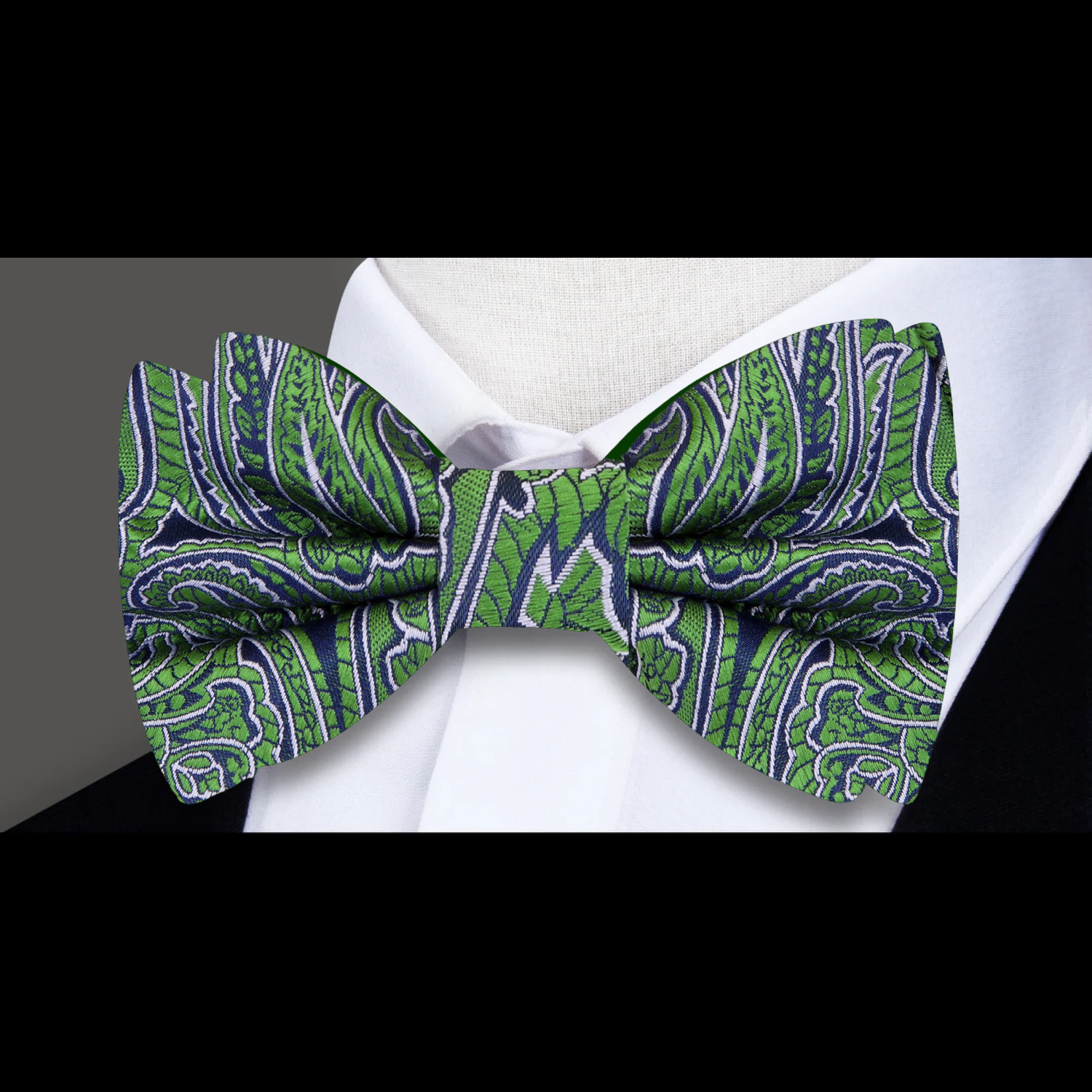A Blue, Green Intricate Floral and Paisley Pattern Self Tie Bow Tie