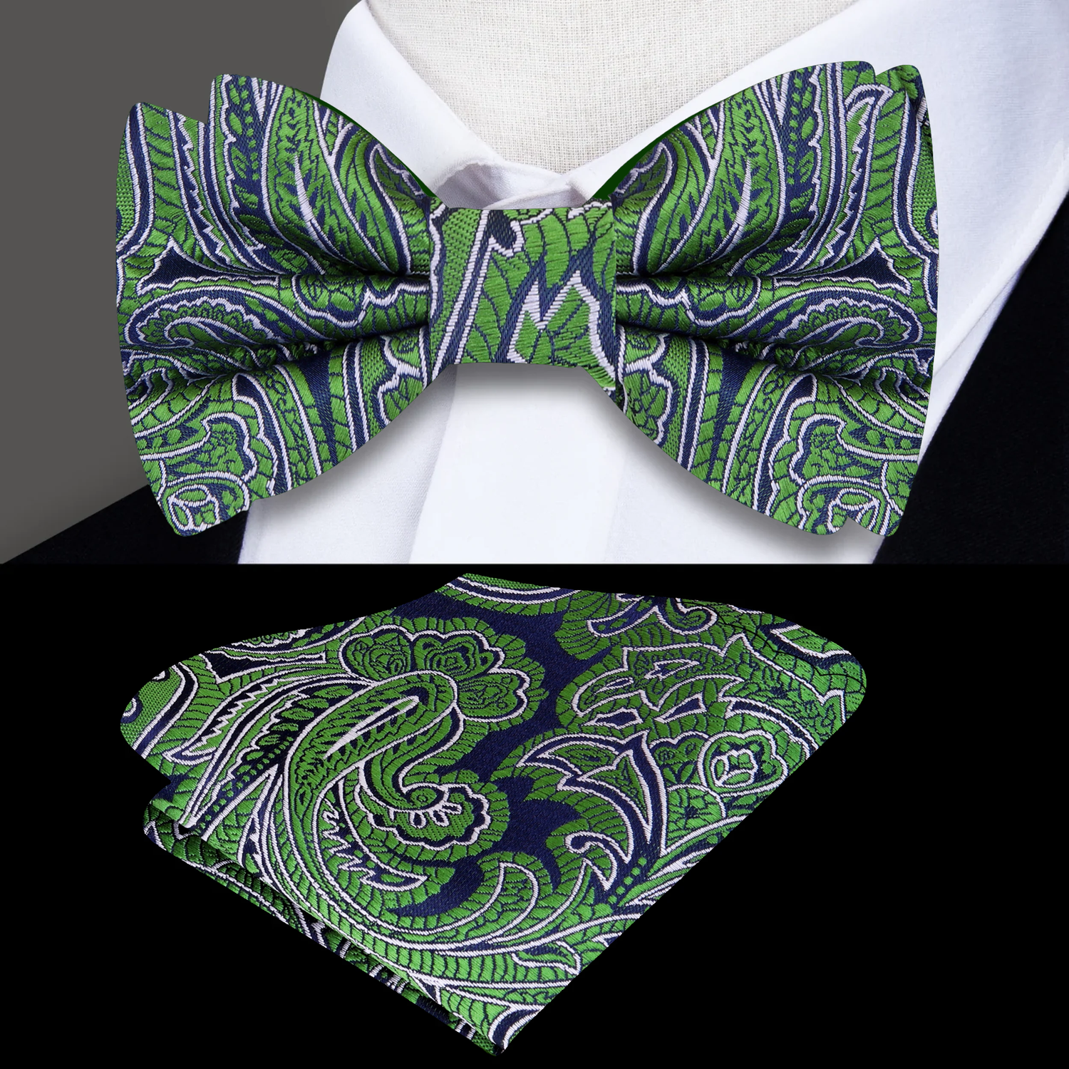 Main: A Blue, Green Intricate Floral and Paisley Pattern Self Tie Bow Tie, Matching Pocket Square