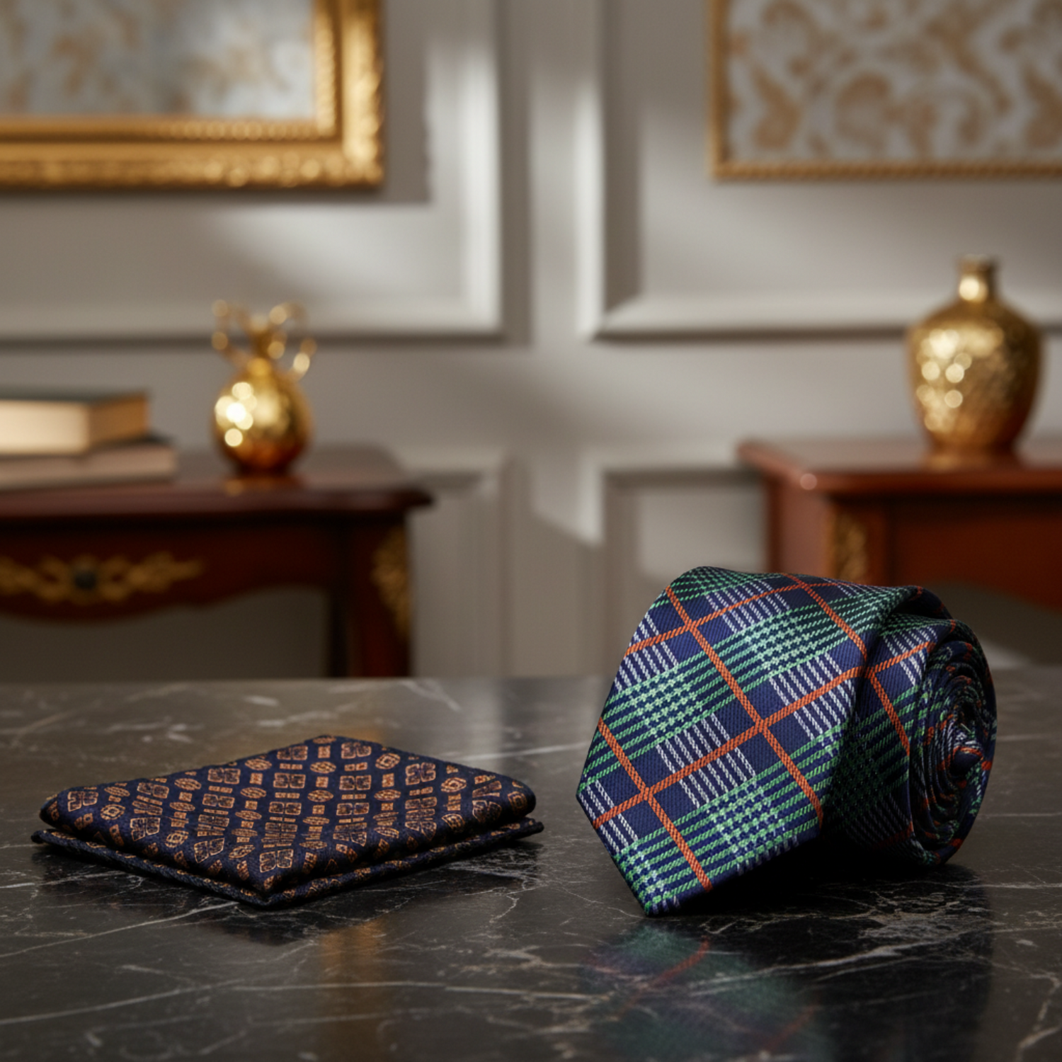 View 2: Green, Blue, Orange Plaid Necktie and Accenting Square