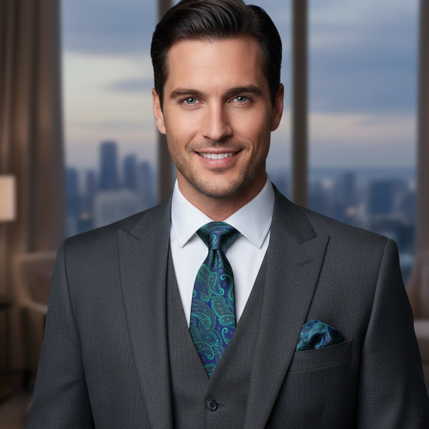 Man wearing a gray suit with a blue paisley tie and pocket square, standing in a room with a cityscape view.