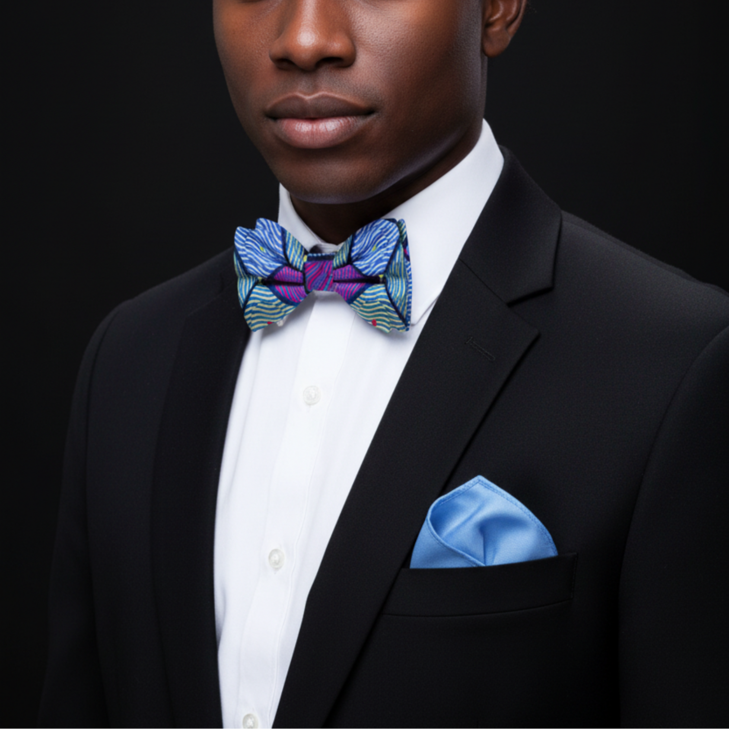 Man wearing a black suit with a blue bow tie and pocket square against a black background