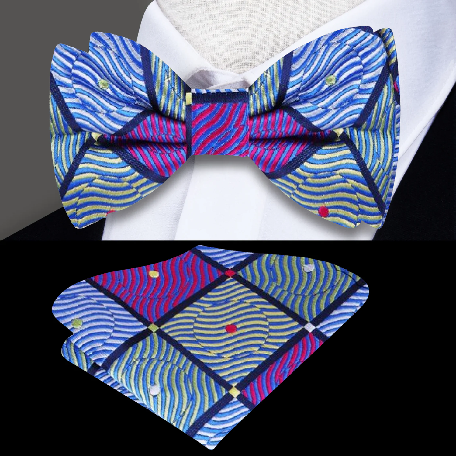 A Purple, Blue Green, Yellow Geometric Diamond with Dot Pattern Self Tie Bow Tie, Matching Pocket Square||Blue, Purple