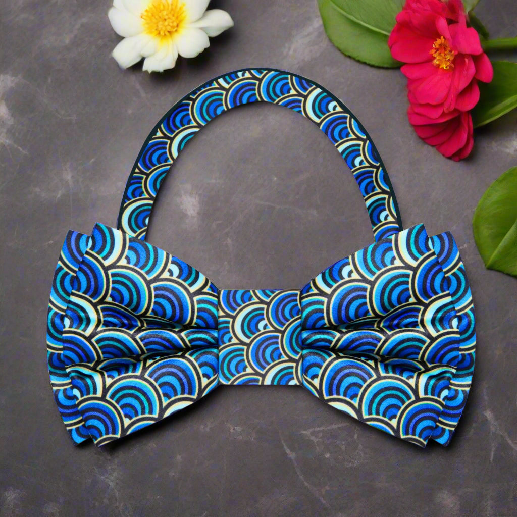 Pre Tied Blue, Light Blue, Green Rainbows Bow Tie