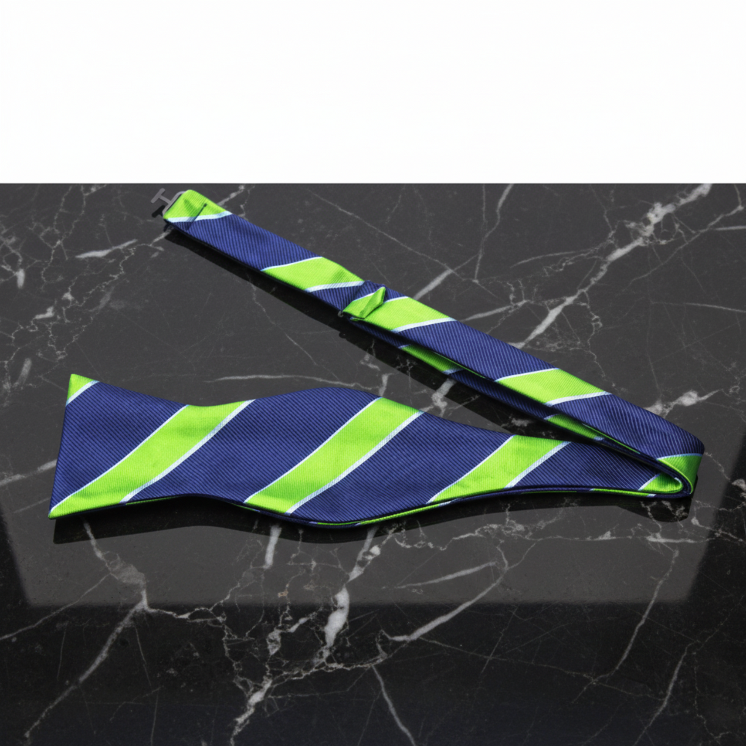 Dark Blue, Green Stripe Self Tie Bow Tie