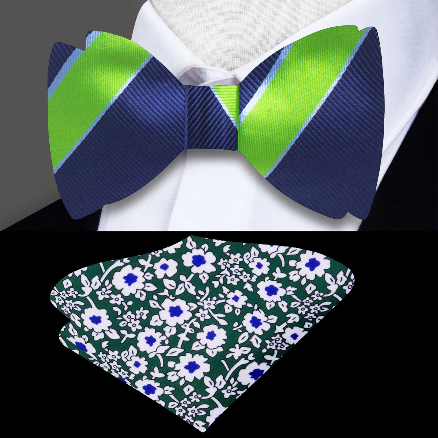 Dark Blue, Green Stripe Bow Tie and Accenting Floral Square
