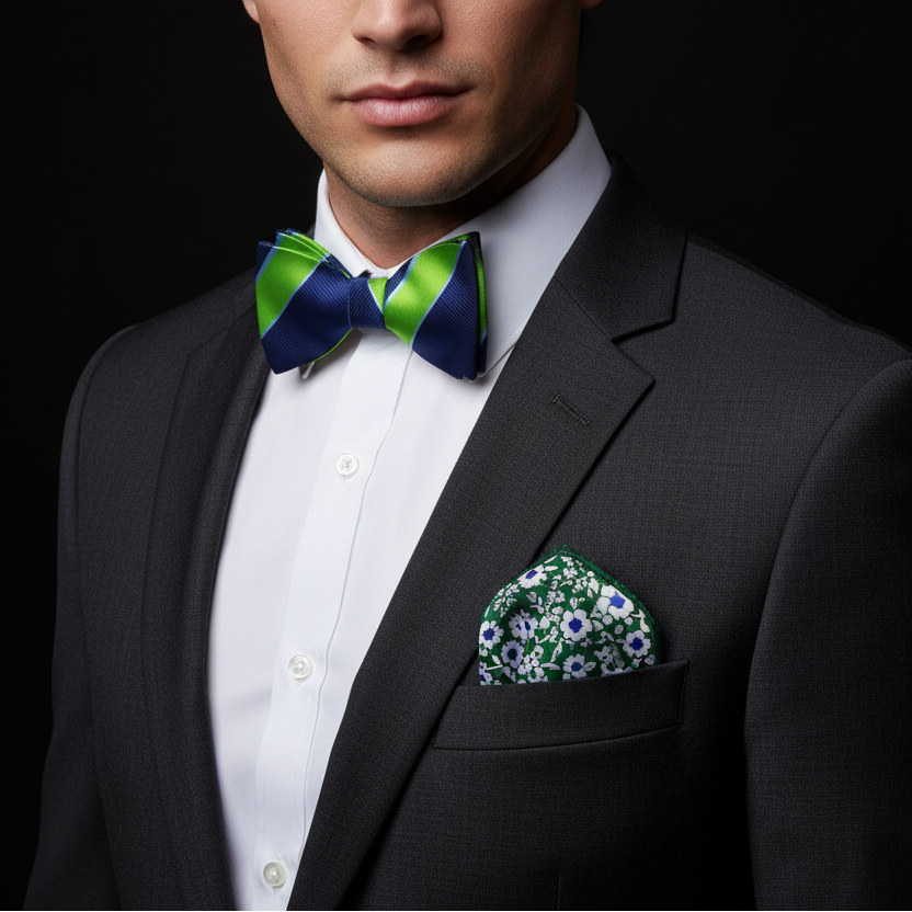 Blue and Green Stripe Bow Tie and Accenting Square on Man