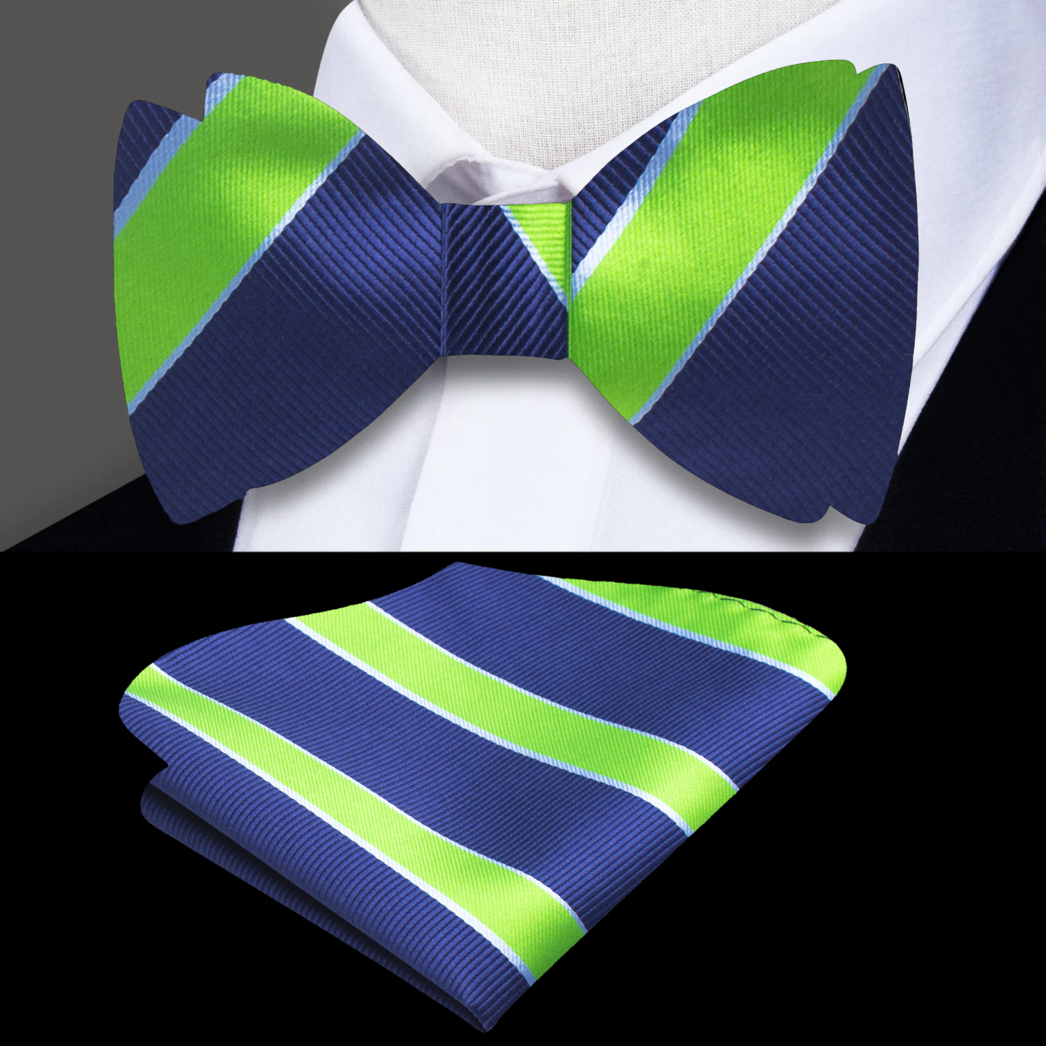 Dark Blue, Green Stripe Bow Tie and Square