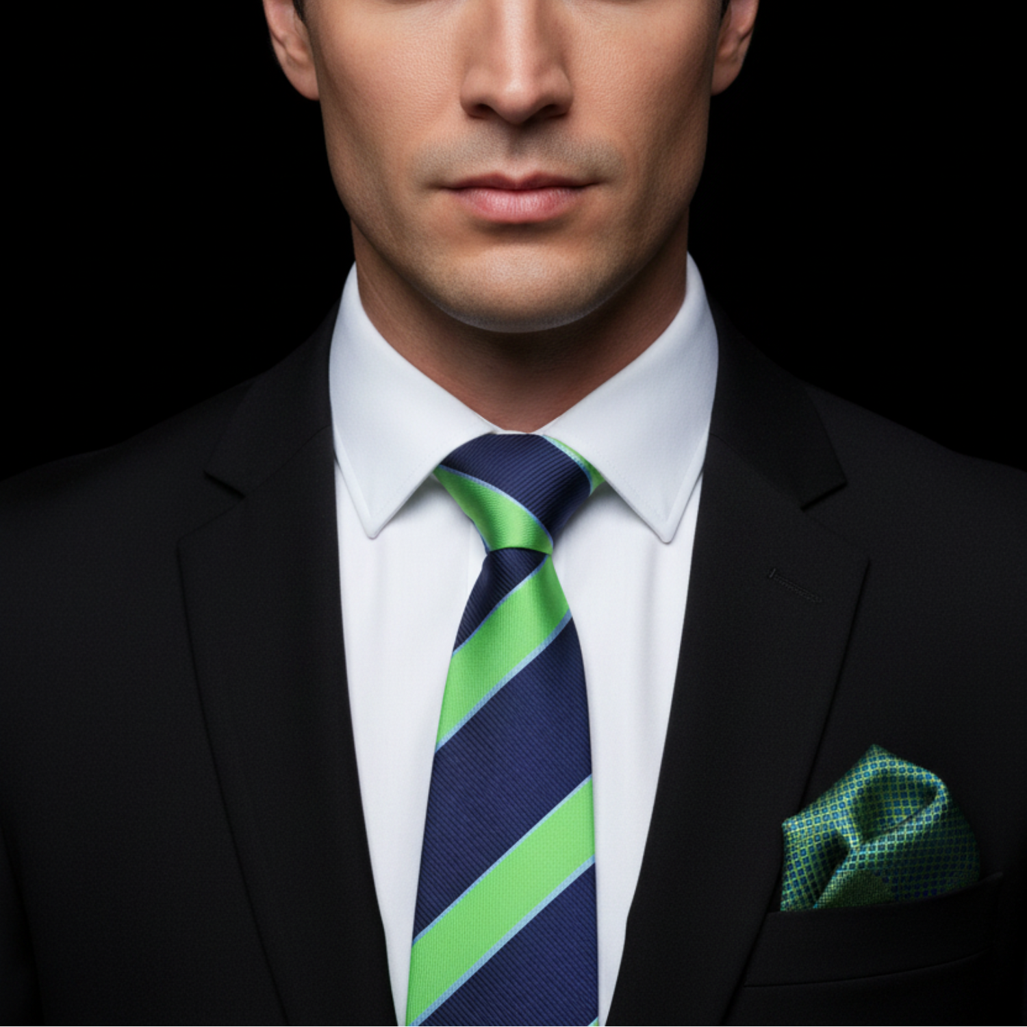 Green and Blue Stripe Thin Tie and Square on Man