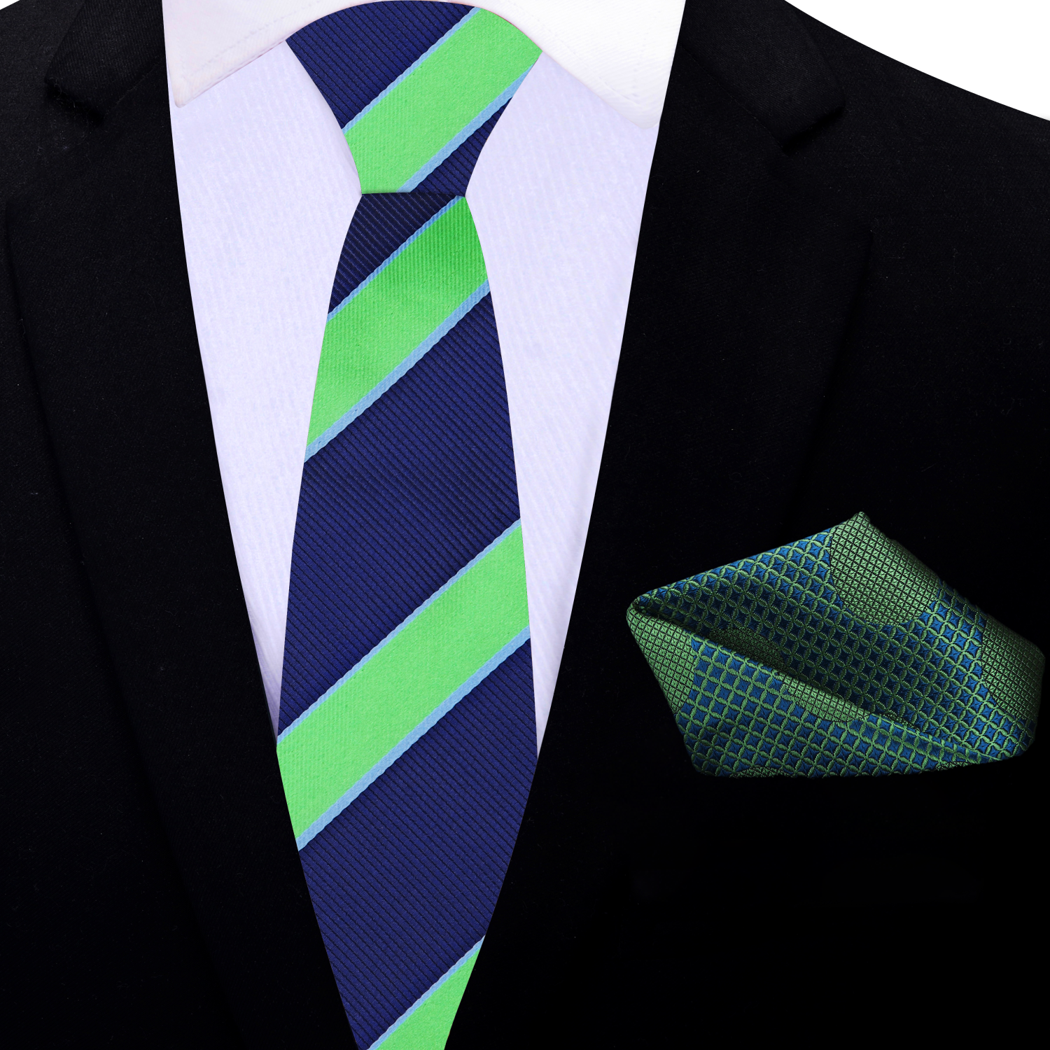 Thin Blue and Green Black Stripe Necktie and Accenting Blue Green Polka Square