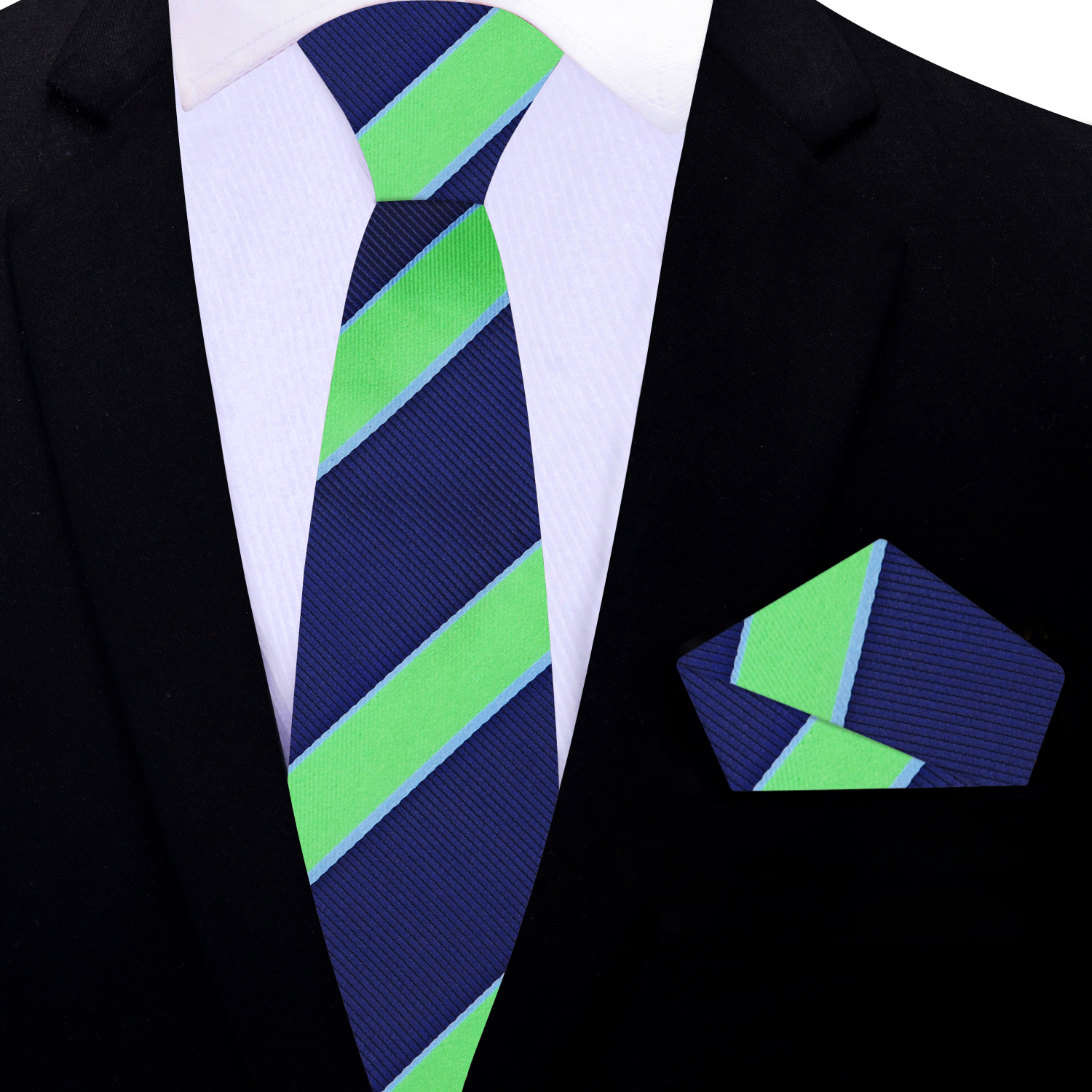 Thin Blue and Green Black Stripe Necktie and Square