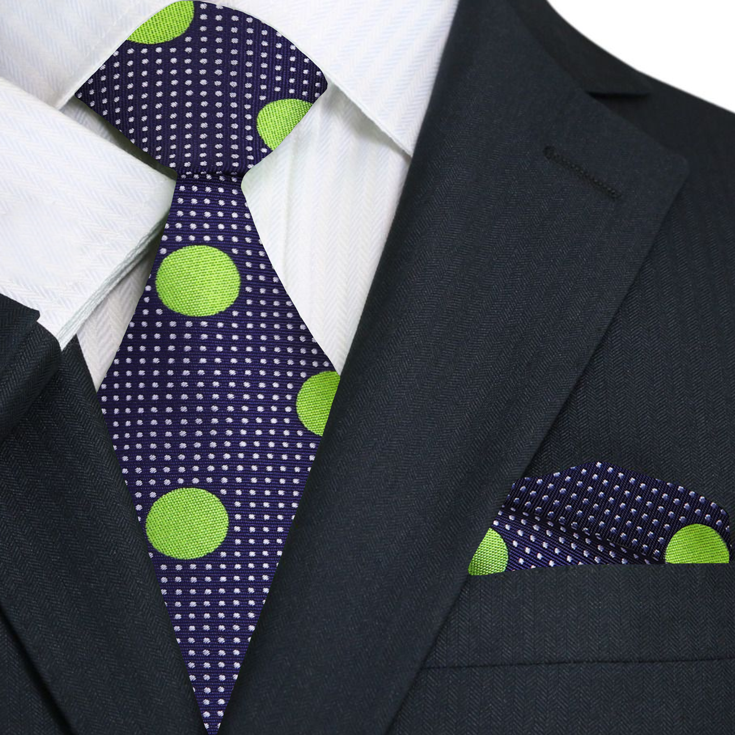 A Dark Blue, Green Dots Pattern Necktie, Matching Pocket Square premium