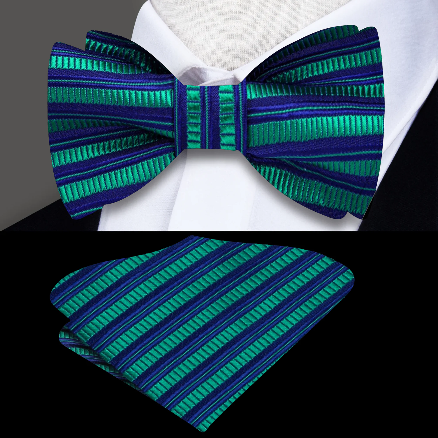 A Green, Blue Stripe Pattern Silk Self Tie Bow Tie, Matching Pocket Square |
