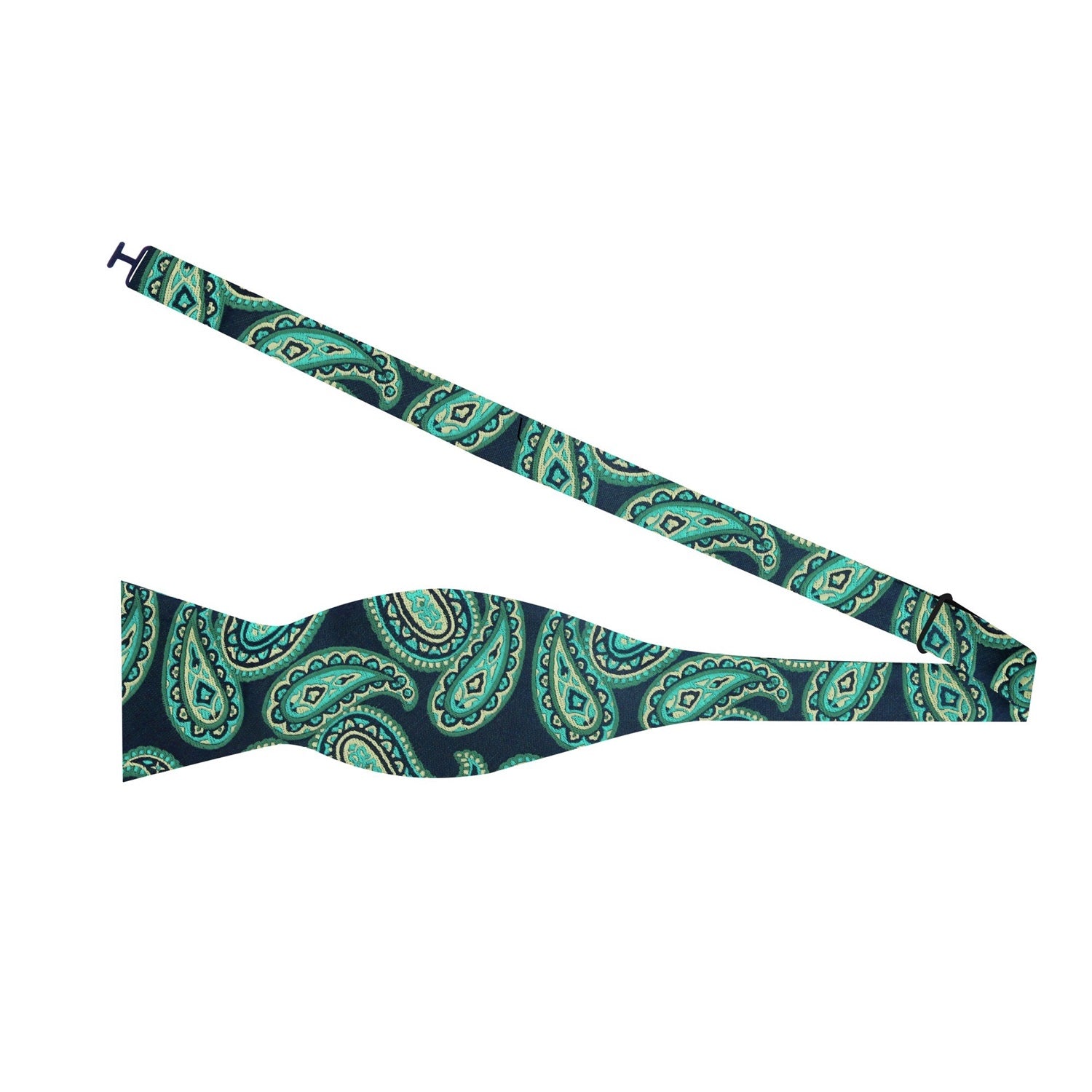 A Dark Blue, Teal Paisley Pattern Self Tie Bow Tie 