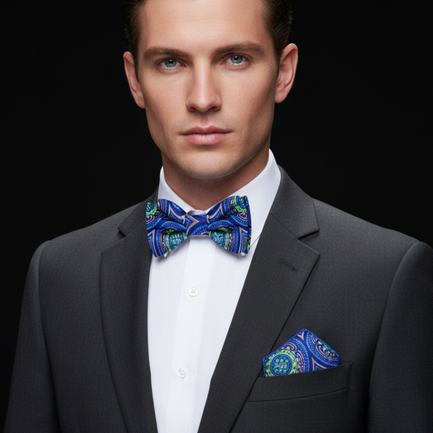 Man wearing a gray suit with a blue patterned bow tie and pocket square on a black background