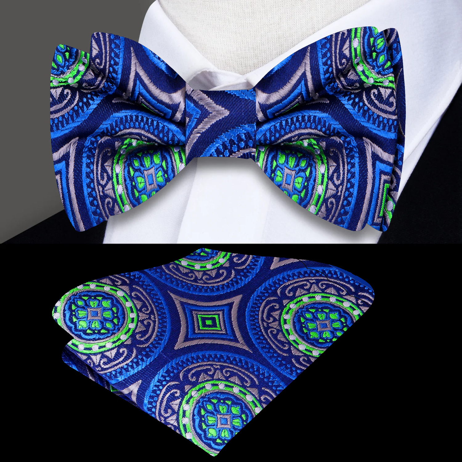 Main: Green, Blue, Grey Geometric Shapes Bow Tie And Pocket Square||Green, Blue, Grey