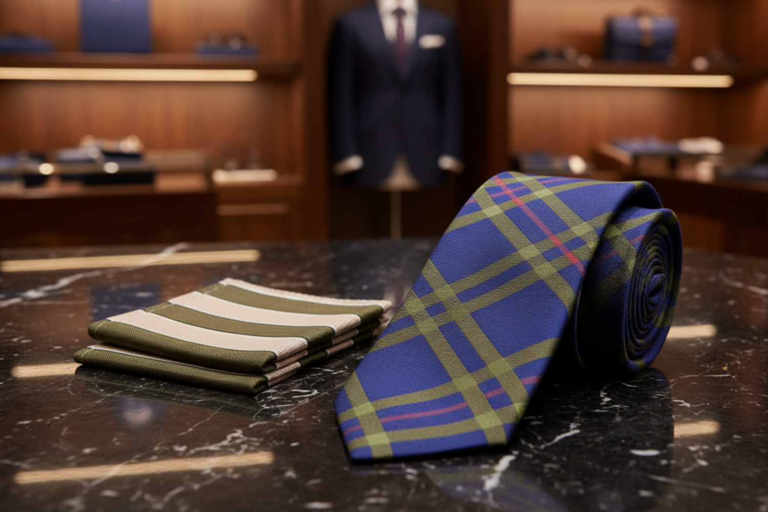 Alt: Blue, Green Plaid Necktie and Accenting Olive and Brown Stripe Square