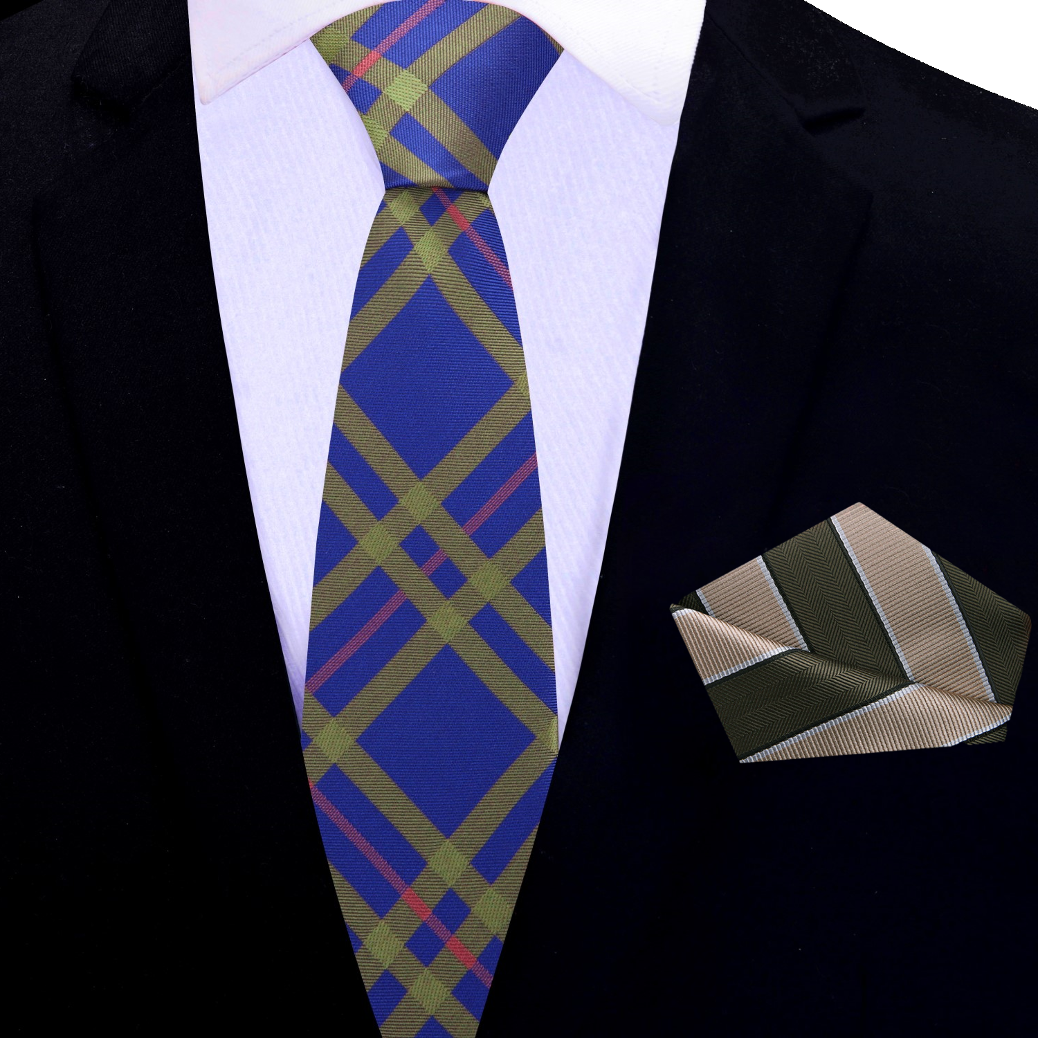 Thin: Blue, Green Plaid Necktie and Accenting Olive and Brown Stripe Square
