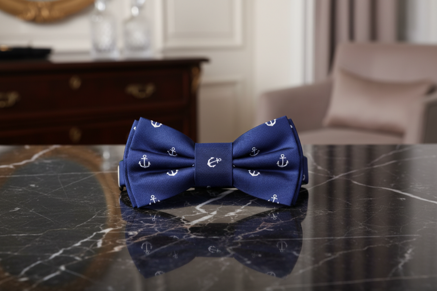 Blue, White Anchor Bow Tie Pre Tied