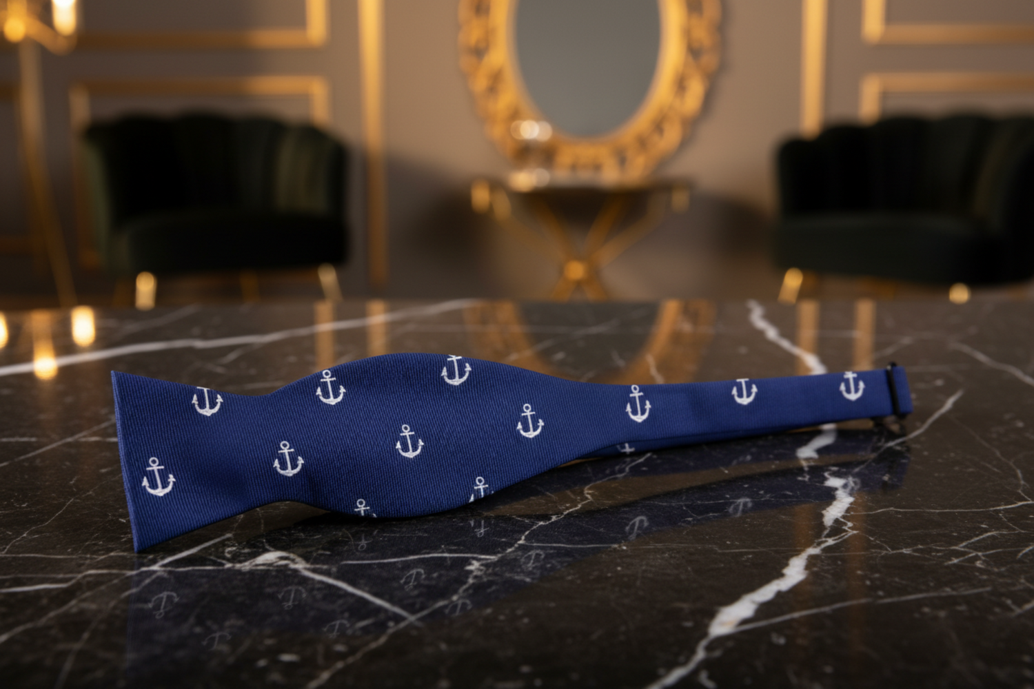 Blue, White Anchor Bow Tie Self Tie
