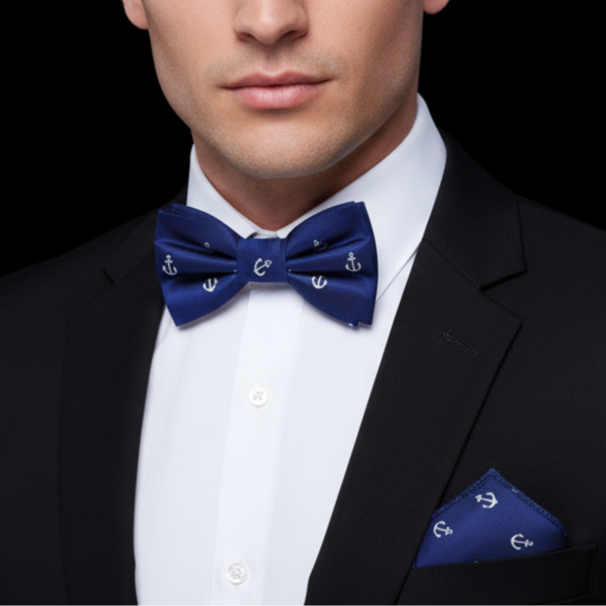 Man wearing a black suit with a white shirt, blue bow tie, and matching pocket square.