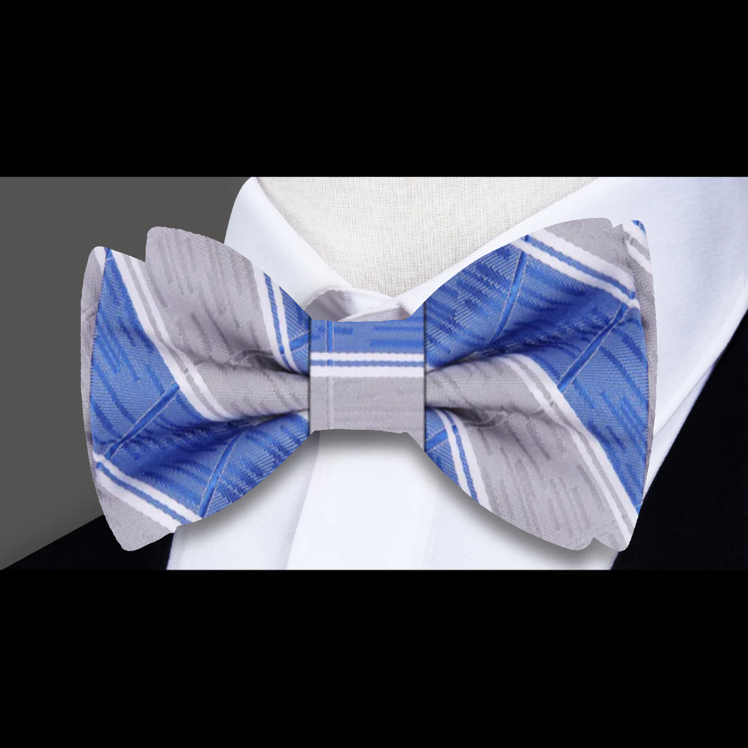 Blue, Grey, White Stripe Bow Tie