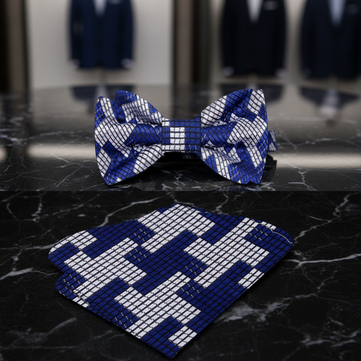 Blue Grey Houndstooth Bow Tie and Pocket Square||Blue
