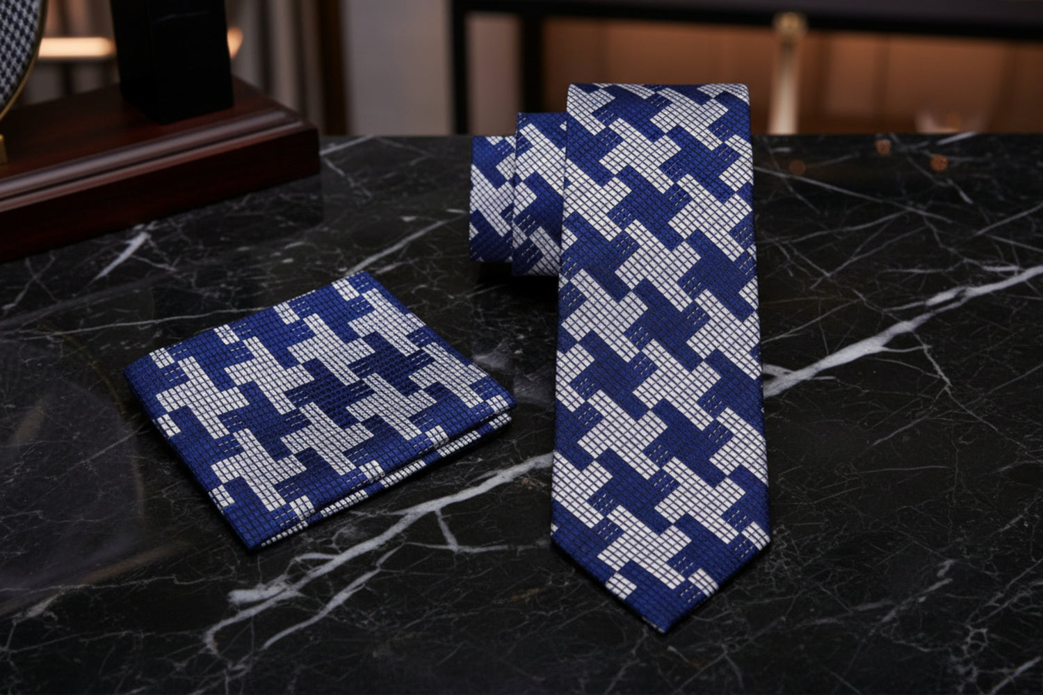 Grey, Blue Houndstooth Tie and Square