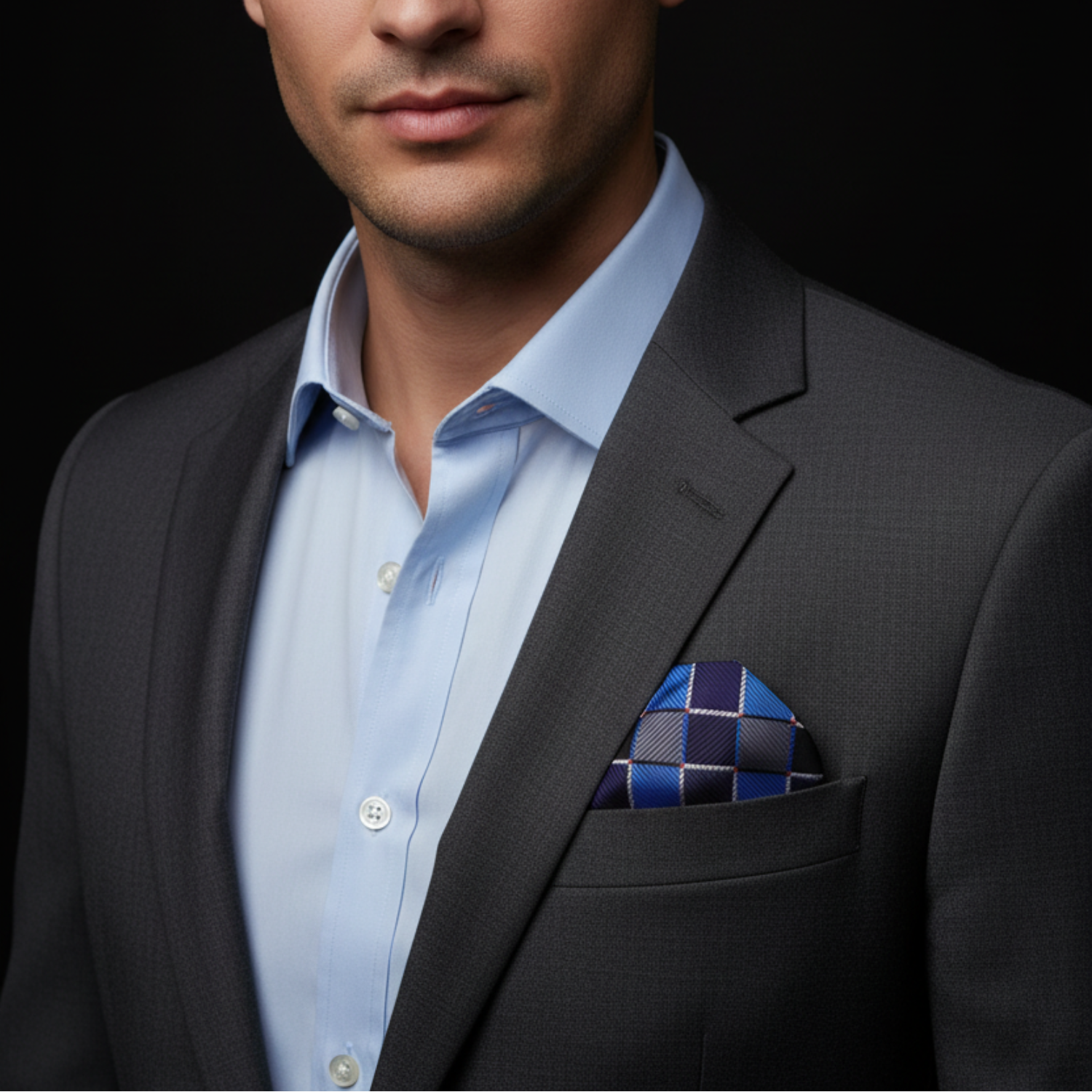 Man wearing a dark suit with a blue shirt and patterned pocket square on a black background