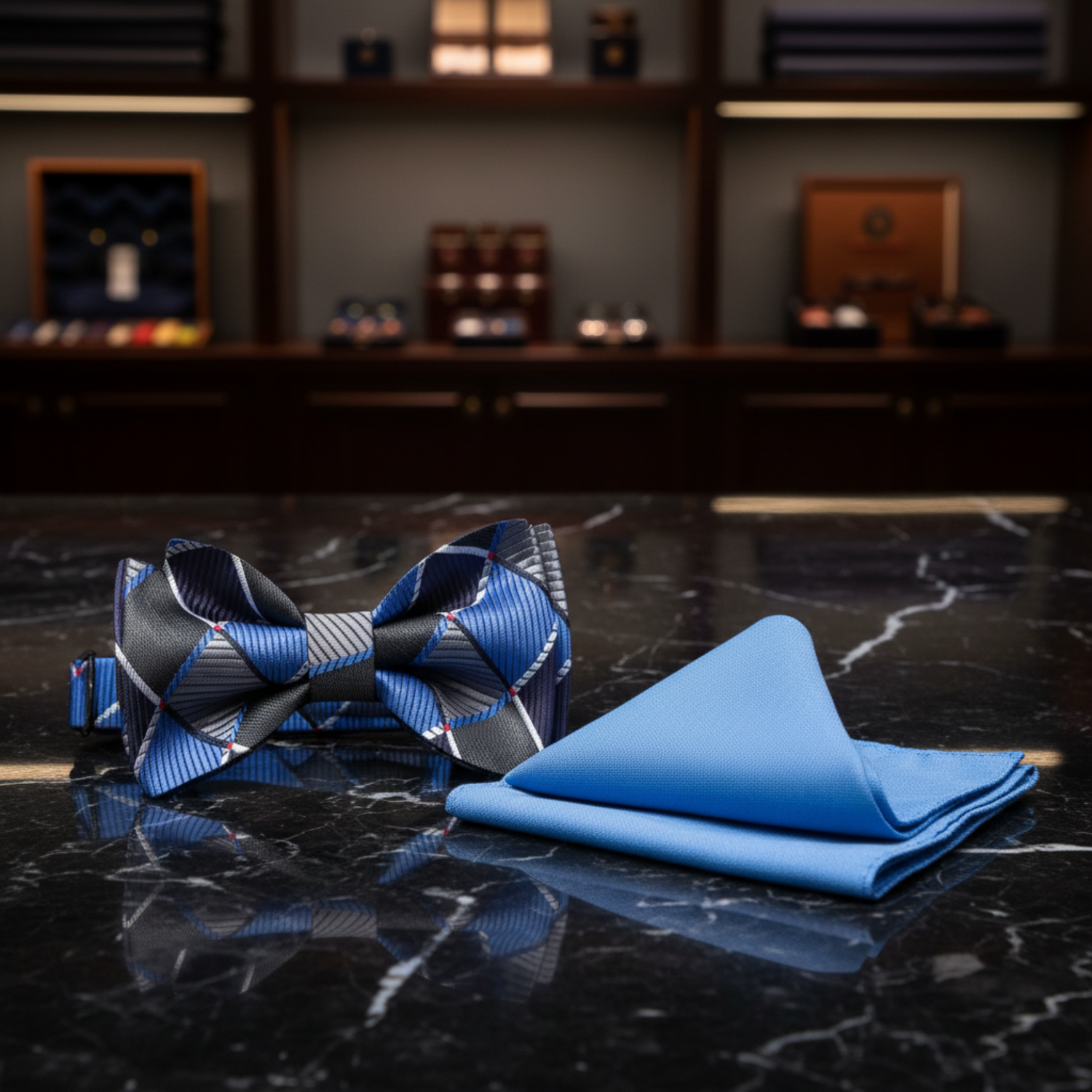 Grey, Blue, Black Geometric Blocks Bow Tie and Blue Pocket Square