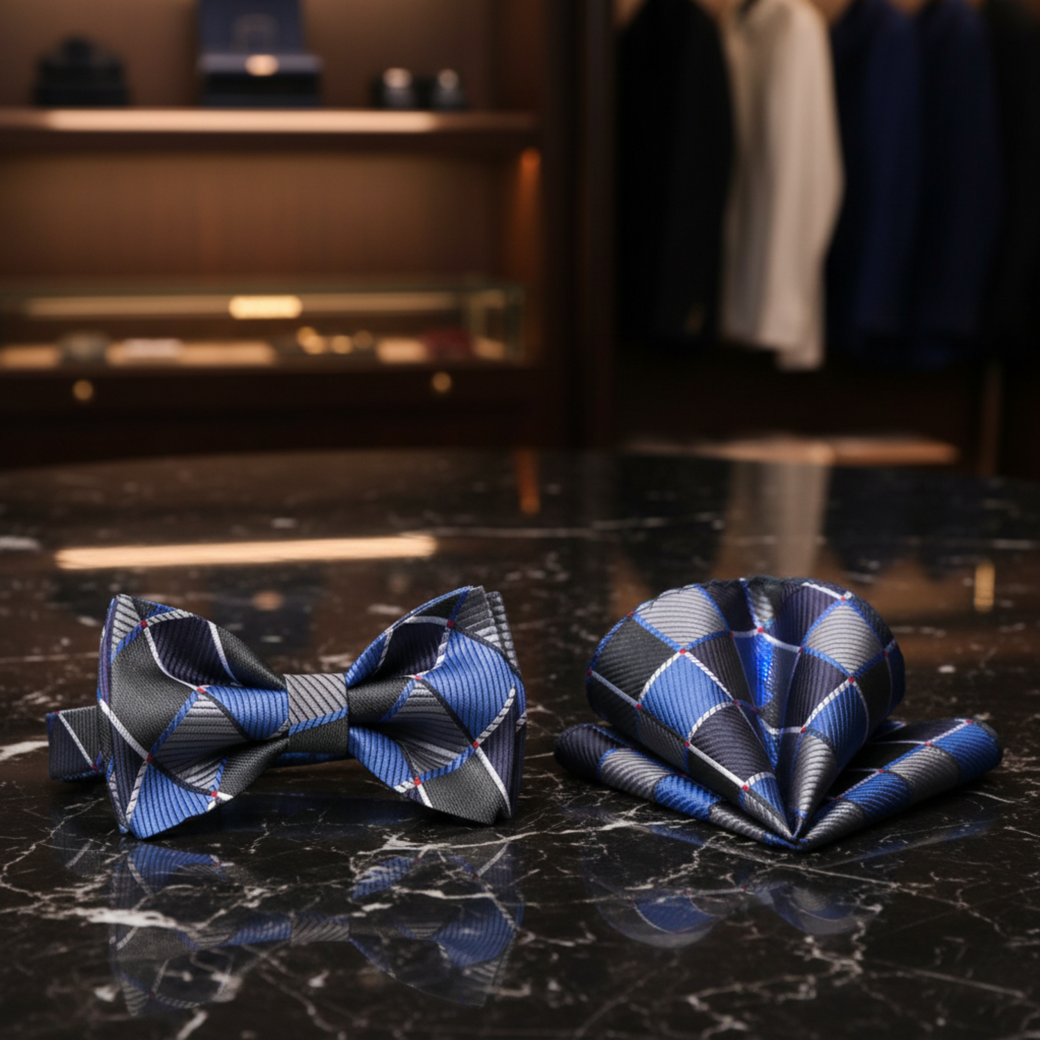 Main: Grey, Blue, Black Geometric Blocks Bow Tie and Pocket Square