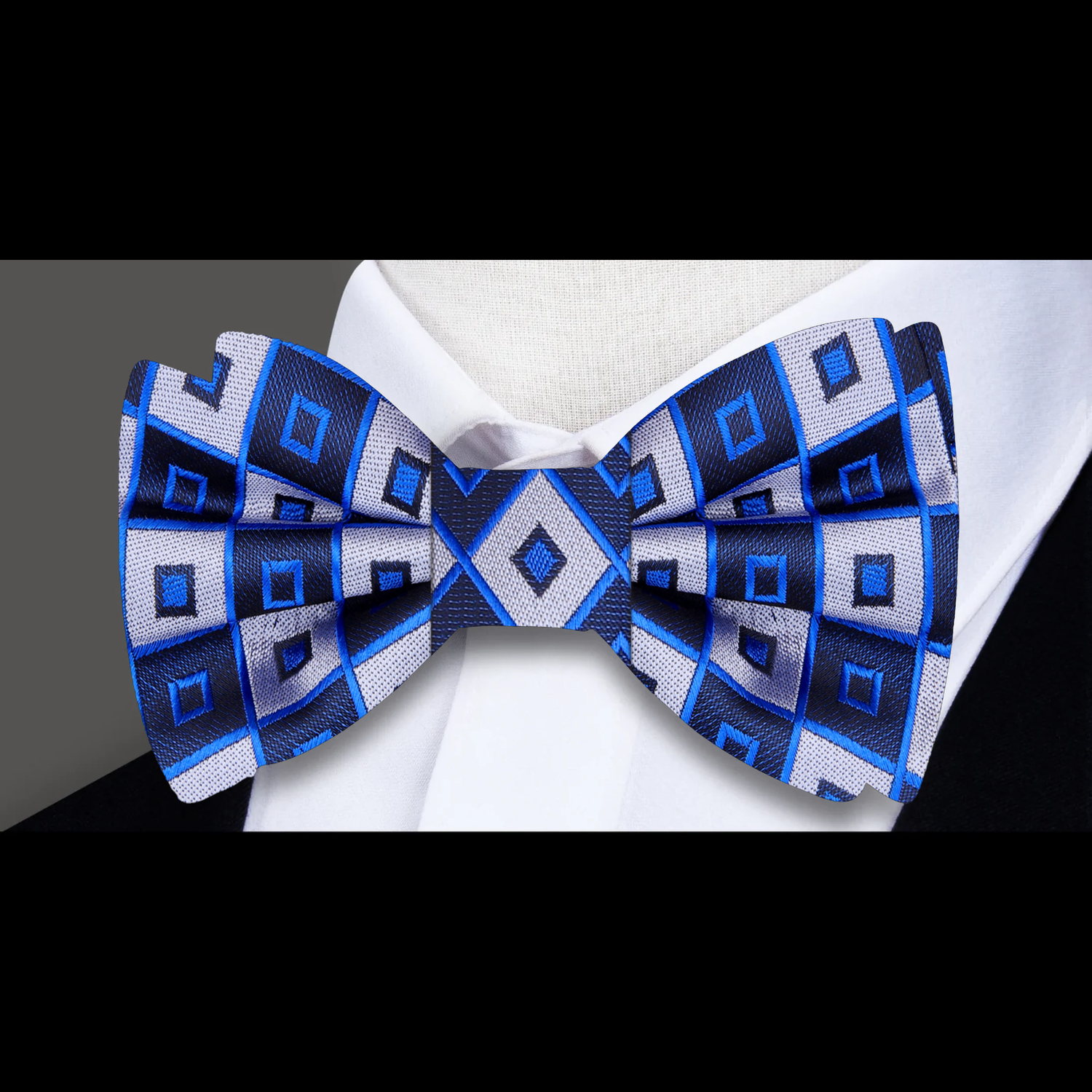 Blue, Grey Big Block Geometric Bow Tie  