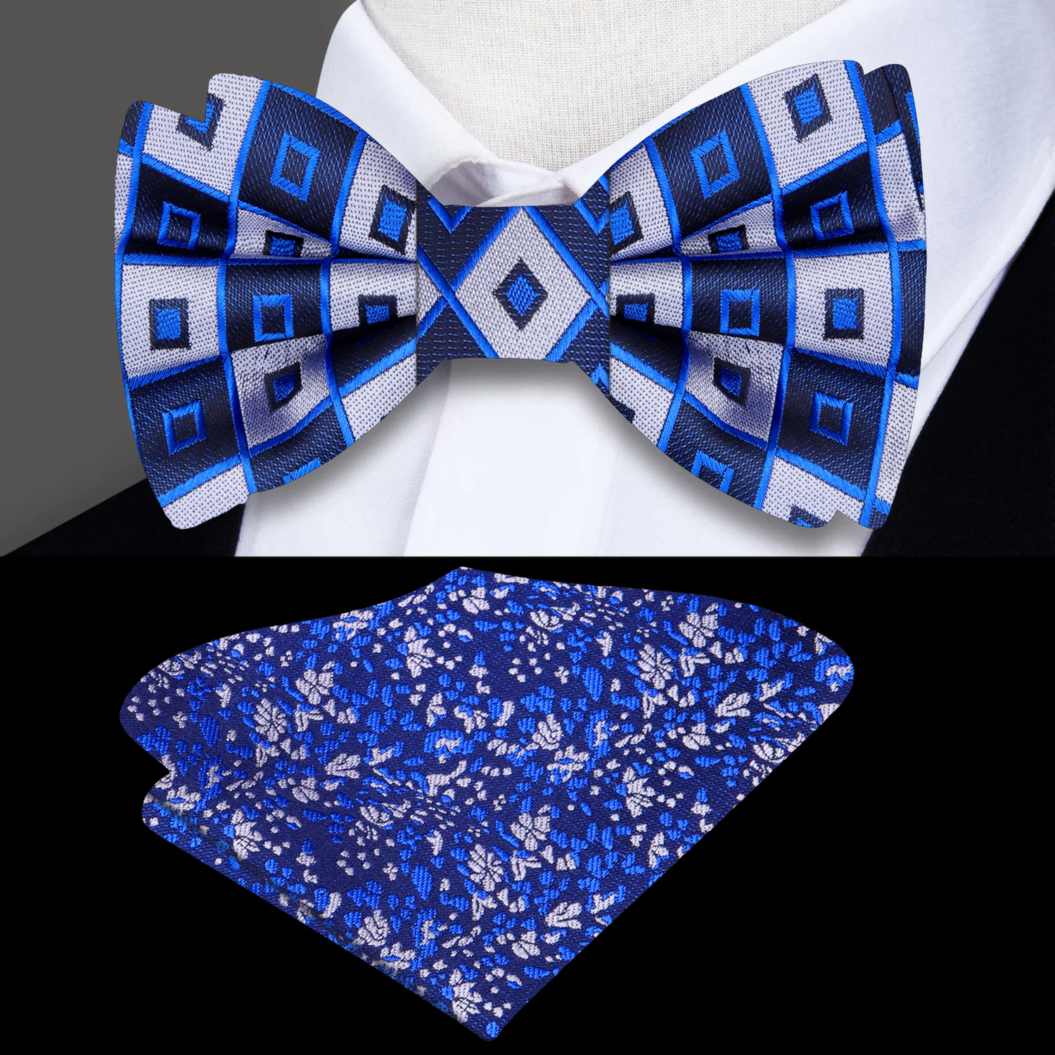 Blue, Grey Big Block Geometric Bow Tie and Accenting Pocket Square