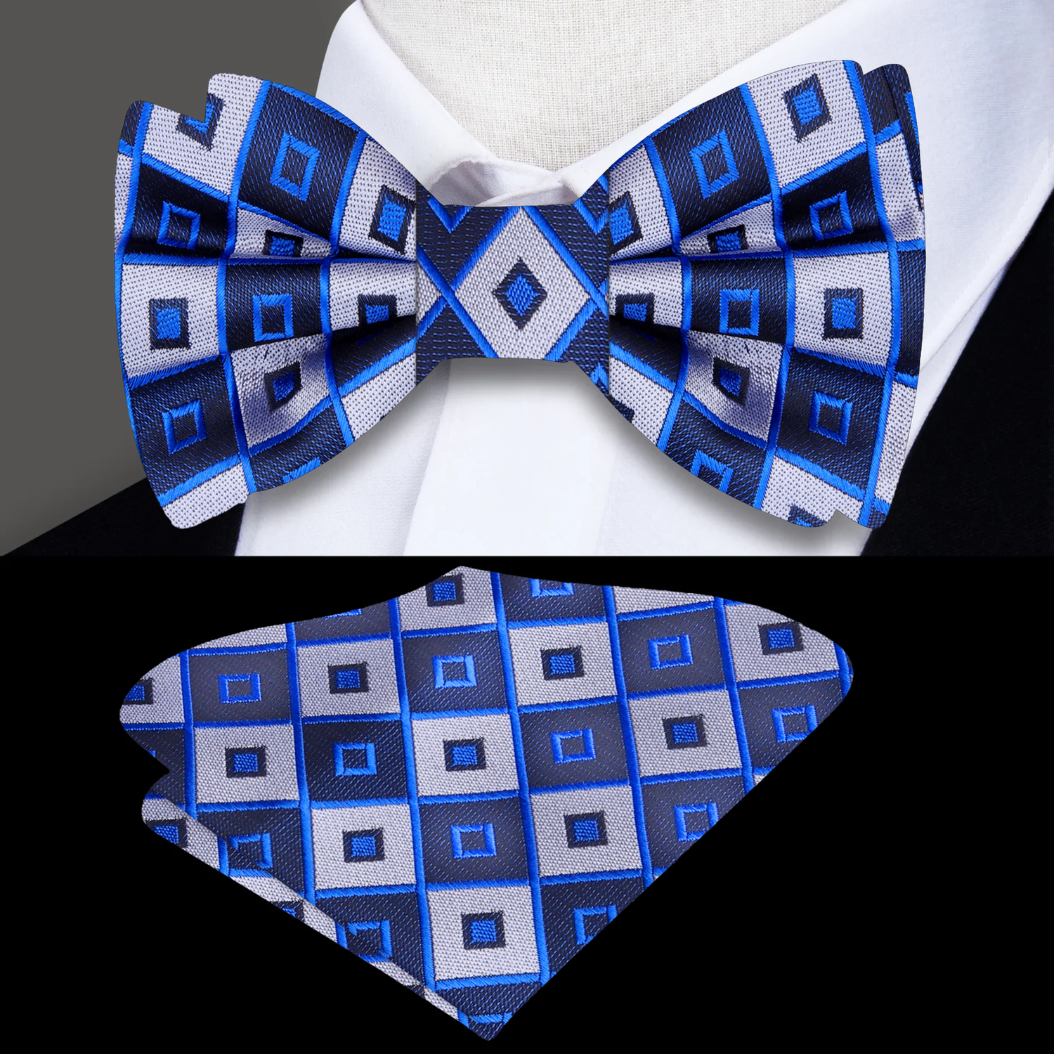 Blue, Grey Big Block Geometric Bow Tie and Pocket Square