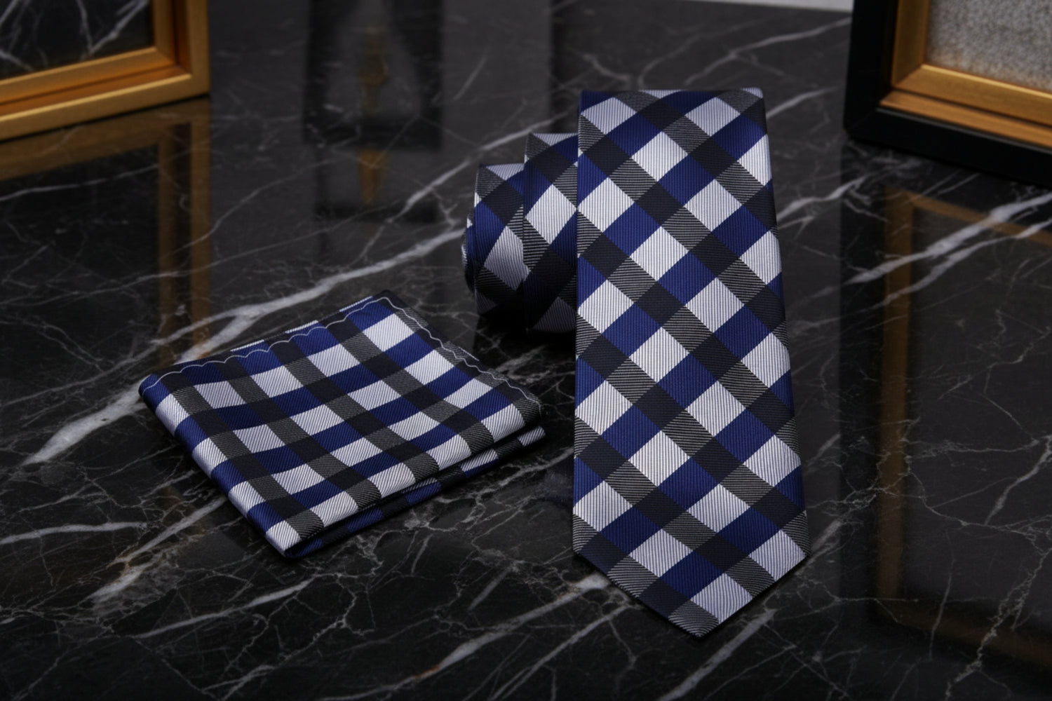 Alt Light Grey, Black and Blue Check necktie and Matching Square