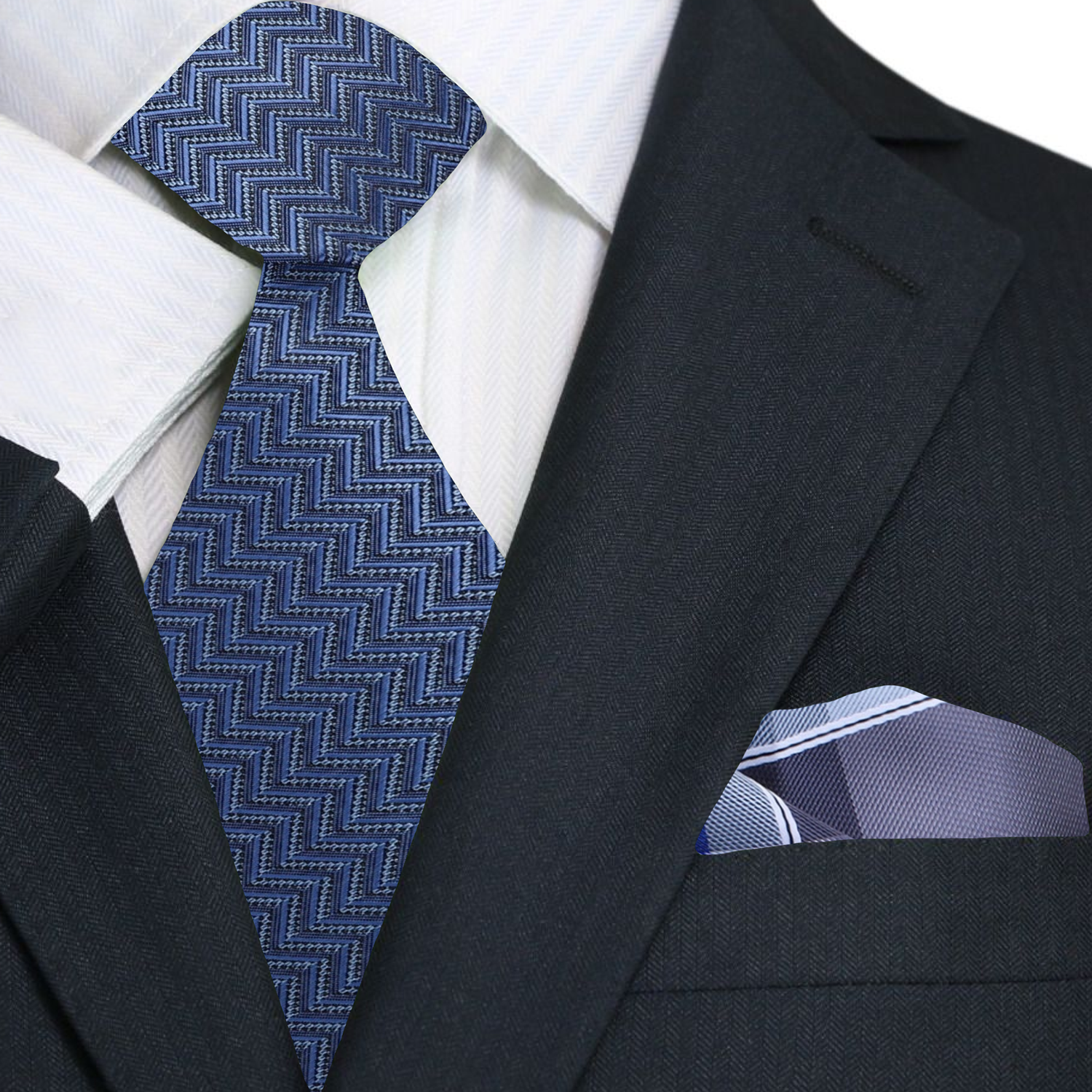Premium Blue Chevrons Tie and Accenting Grey and Blue Plaid Square